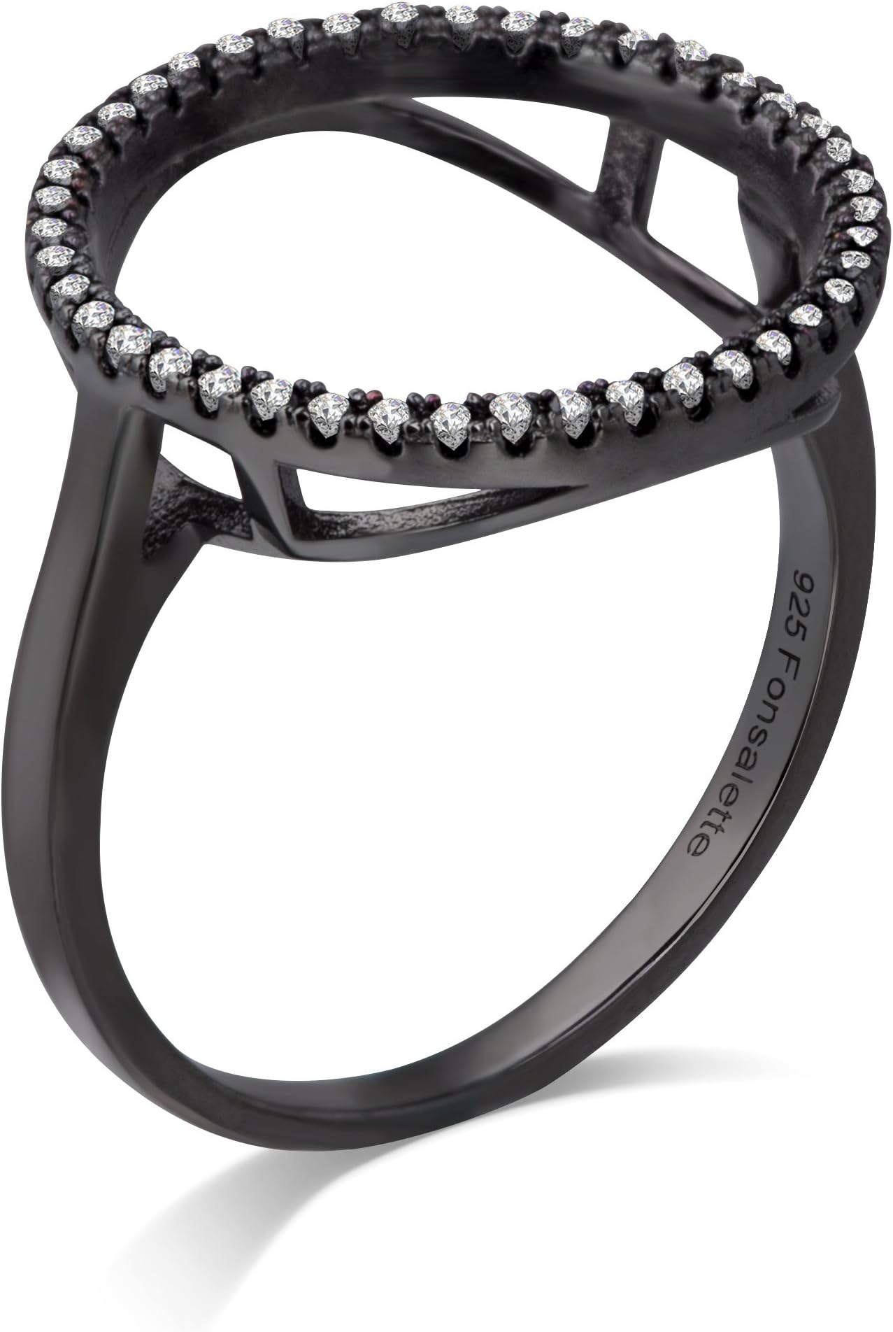 Open Bar Ring Sterling Silver Double Line Bar Ring Parallel Bar Ring (cz Black, 7)