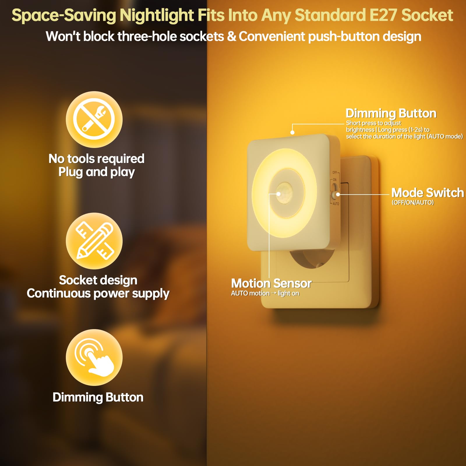 Swoieltr Luce Notturna Bambini da Presa, [2 Pezzi] Luci Notturne con Sensore Movimento Modalità Sensore o Sempre Accesa Regolabile, Certificata CE per Interni da Letto, Soggiorno e Bagno (Ambra-PIR)
