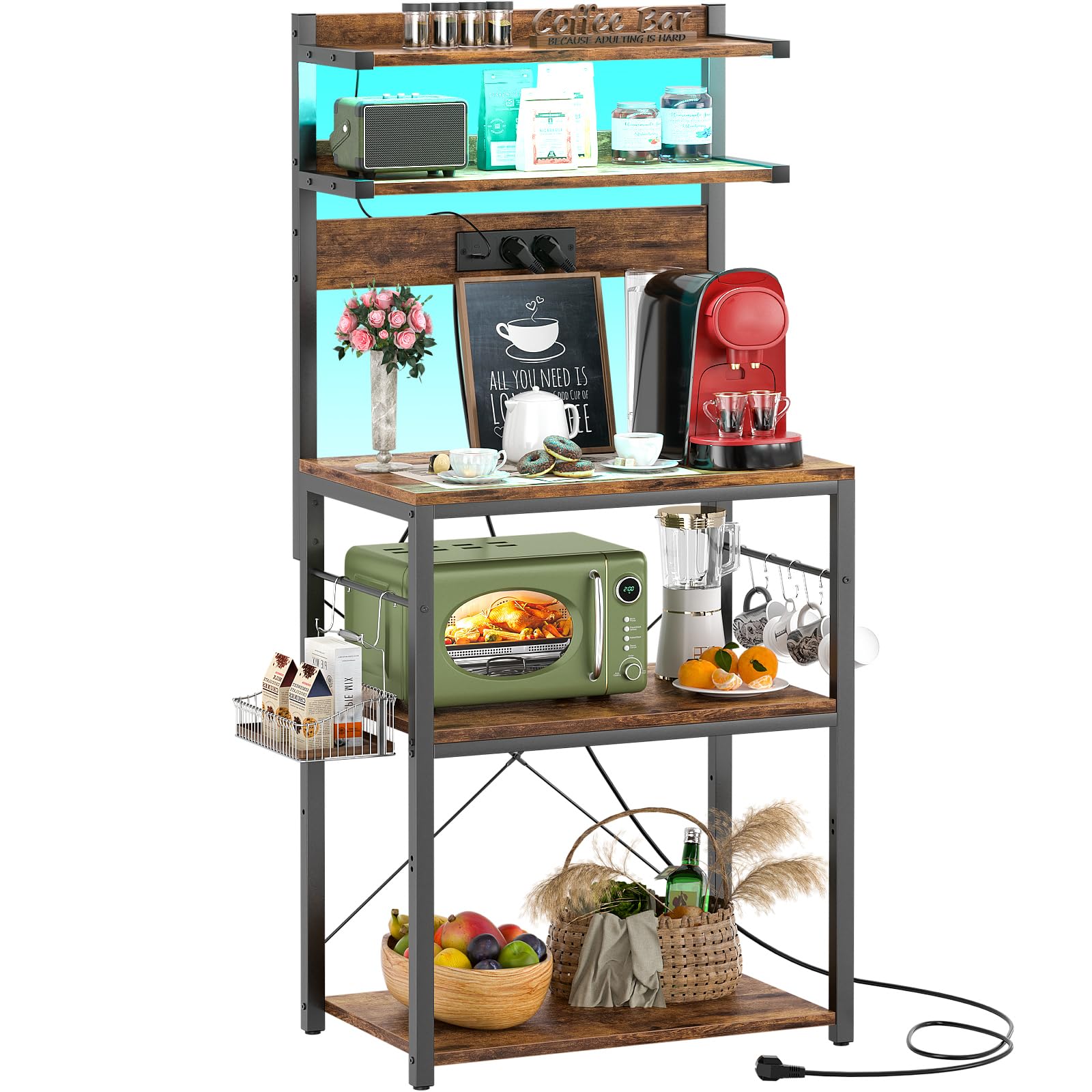 iSunirm Étagère de Cuisine avec Multiprise,Étagère pour Machine à Café,Meuble de Rangement à 4 Niveaux,Support de Micro-Ondes avec Crochets en S,40 x 60 x 147 cm,Marron