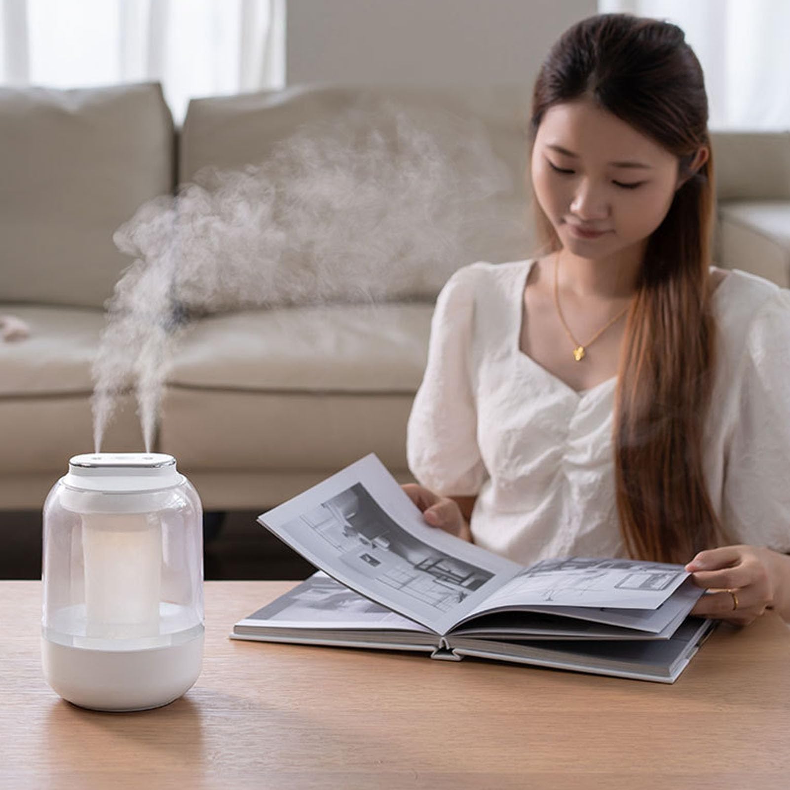 Umidificatore a doppio spruzzo Umidificatore a nebbia fredda da tavolo con display digitale ricaricabile USB da 2 litri con luce notturna per ufficio e casa
