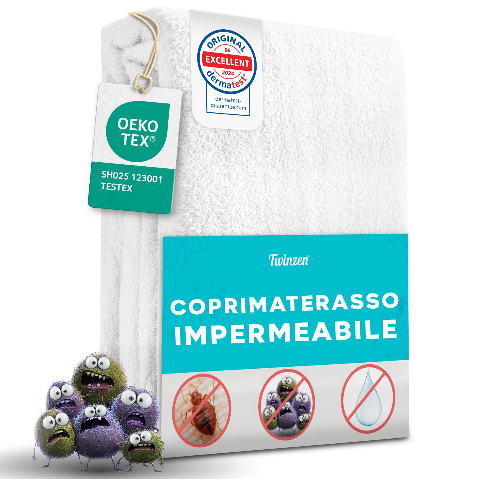 Twinzen - Coprimaterasso Matrimoniale con Cerniera - Proteggi Materasso Impermeabile 180x200 x 25 cm - Antiacaro e Anticimici - Bi-Ome & Oeko-Tex