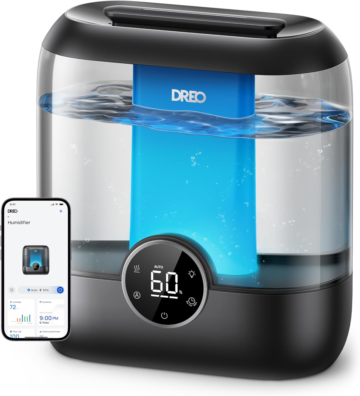 DREO Smart Humidifiers for Bedroom, 6L Top Fill Supersized Cool Mist Humidifier for Large Room, 60 Hour Runtime, Quiet Ultrasonic Humidifier for Plants, Baby, Indoor, Home, Night Light - Thumbnail 2