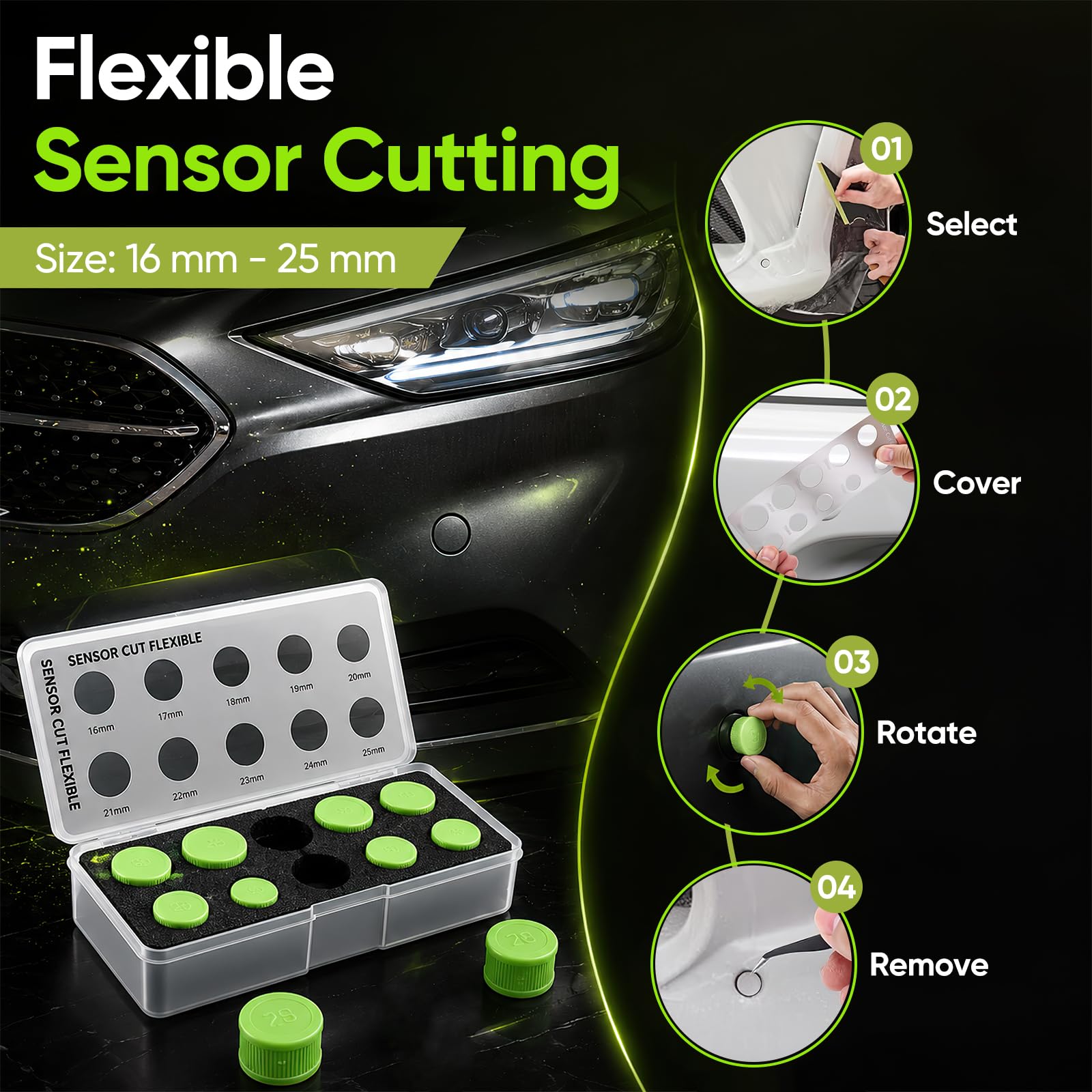 Sensor Cutter Kit, 16-25mm Parksensor-kit Lochfräser für PDC Sensoren Cutter Parksensoren Fahrzeugsensoren Kratzfester Bruchsicherer Autofolien Schablonenschneider In 10 Größen für Fahrzeugfolien