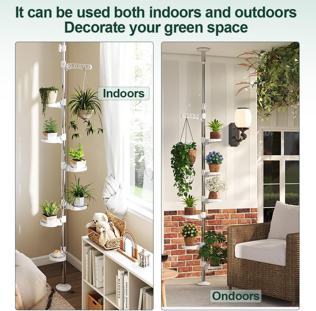 Hershii 7-Layer Tension Pole Plant Stand Indoor Decorative Display Rack Stands for Flower Pots Floor to Ceiling Adjustable Hanging Corner Shelf