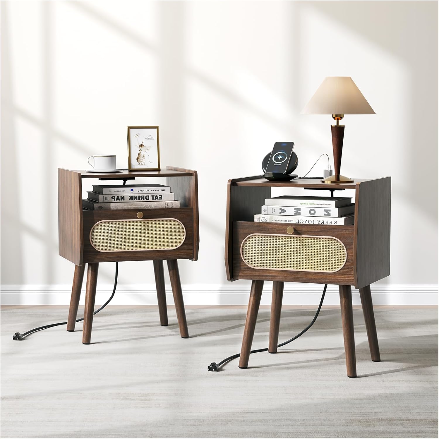 Night Stand Set 2,Mid Century Modern Night Stand with Charging Station & Rattan Dresser,Bed Side Tables with Solid Wood Feet,End Table, for Bedroom, Living Room,Cherry