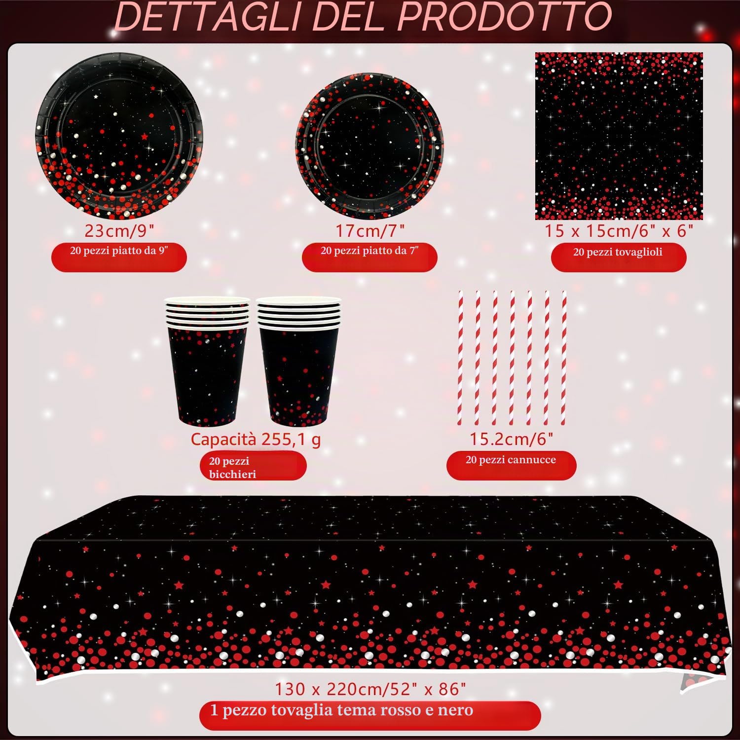 Decorazione per feste rosso e nero - Stoviglie di compleanno rosso e nero con piatti, bicchieri, tovaglioli, tovaglie, cannucce - per 20 persone