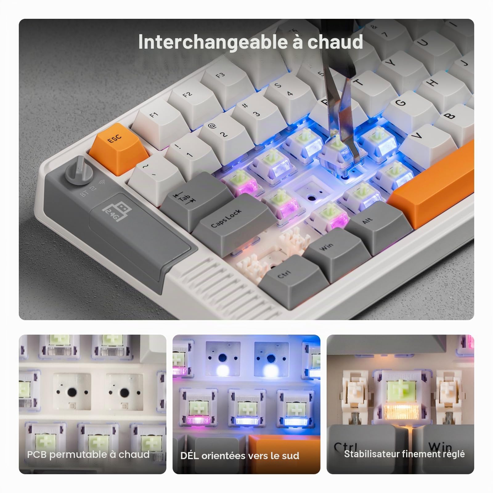 EPOMAKER RT85 Clavier Mécanique sans Fil avec Joystick & Écran DIY, 8000mAh, BT/USB/2.4Ghz, Gasket, Hot-Swap, Touches PBT, Clavier Gaming 75%, US QWERTY (Blanc, Switch Cristal Tactile)