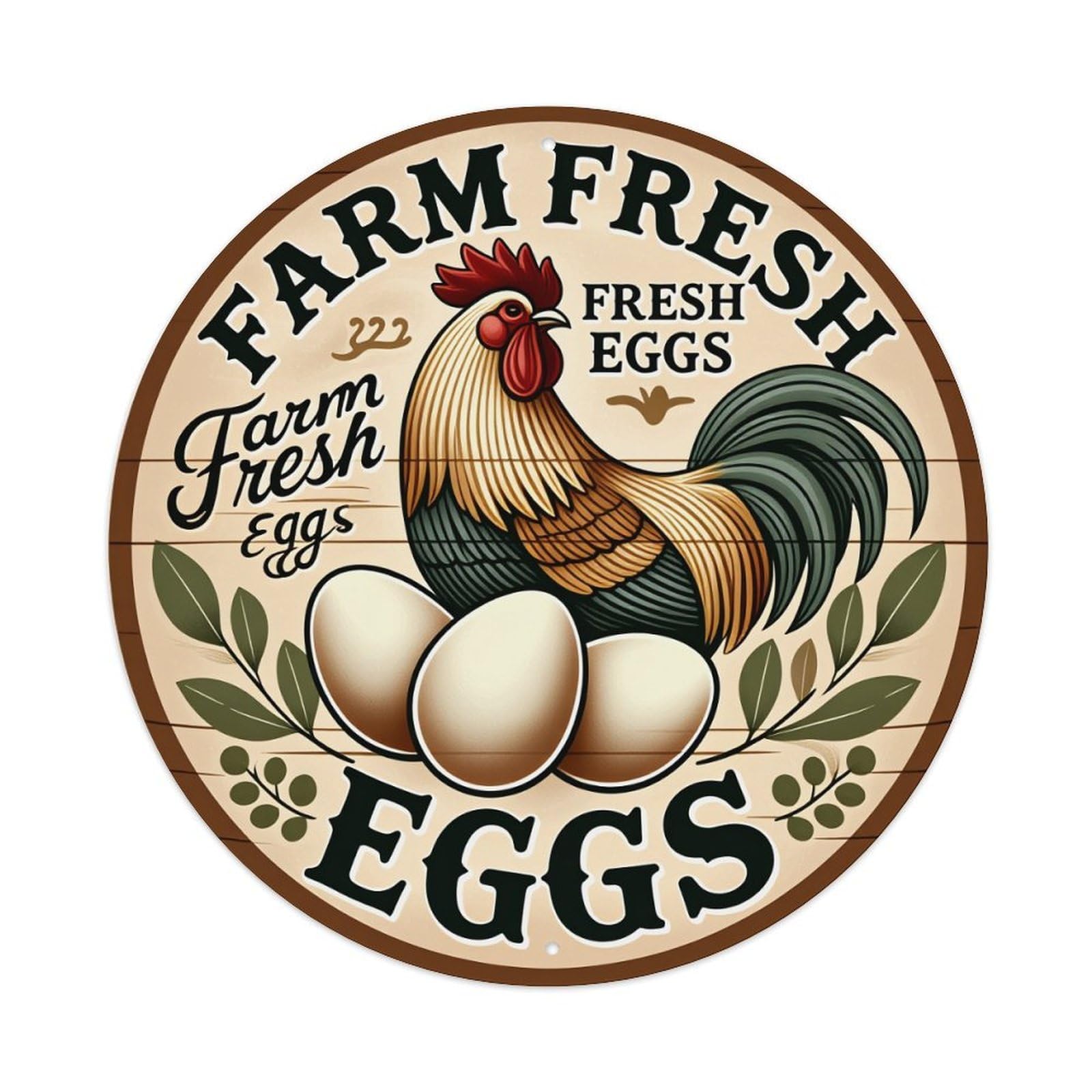 Farm Fresh Eggs Rooster Leaves Round Tin Sign Vintage Metal Poster, Home Bar Garage Man Cave Cafe Indoor & Outdoor Wall Decoration 8x8Inches