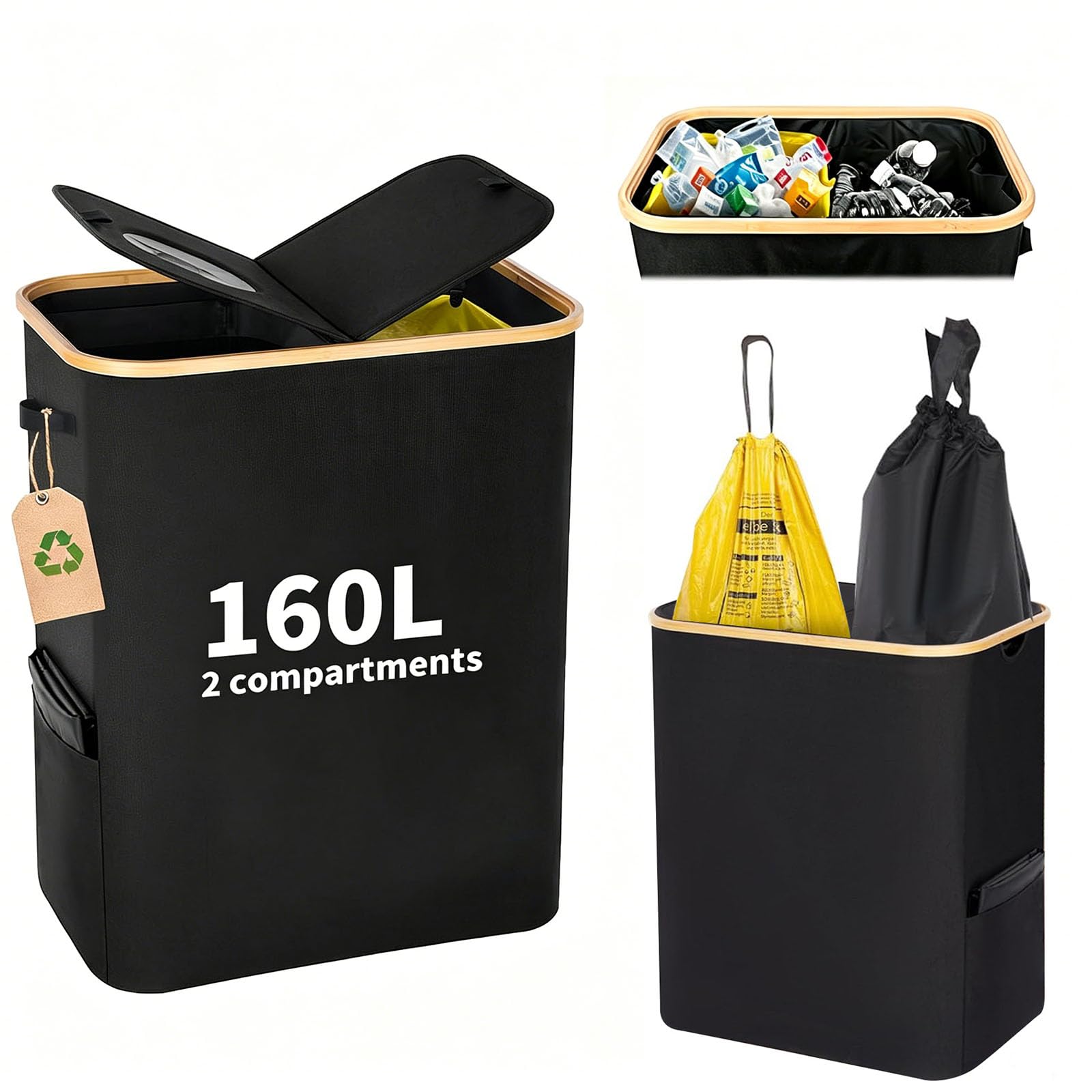 Gelber Sack Ständer 160L, 2-in-1 Pfandflaschen Sammelbehälter mit Deckel, 2 Fächer Mülleimer für 60–120L Gelbe Säcke, Müllsystem für Küche & Haushalt