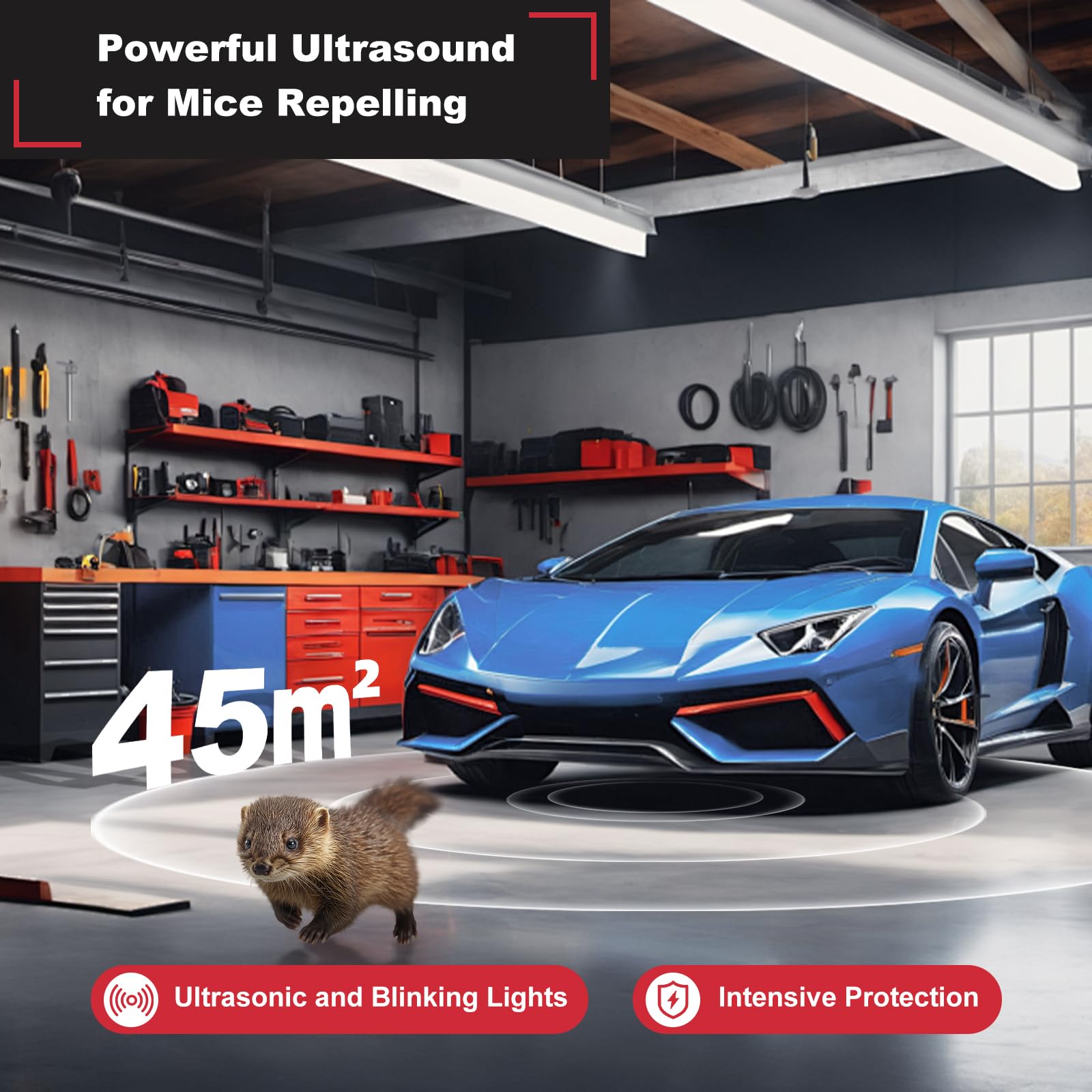 Marderschreck Auto, 2 Stück Ultraschall Marderabwehr Unterstützt USB-Laden und 4 AA-Batterien, Marderschutz mit Blitzlicht, Anschluss an 12V Autobatterie, für KFZ, Motorraum, Dachboden, Haus, Garten