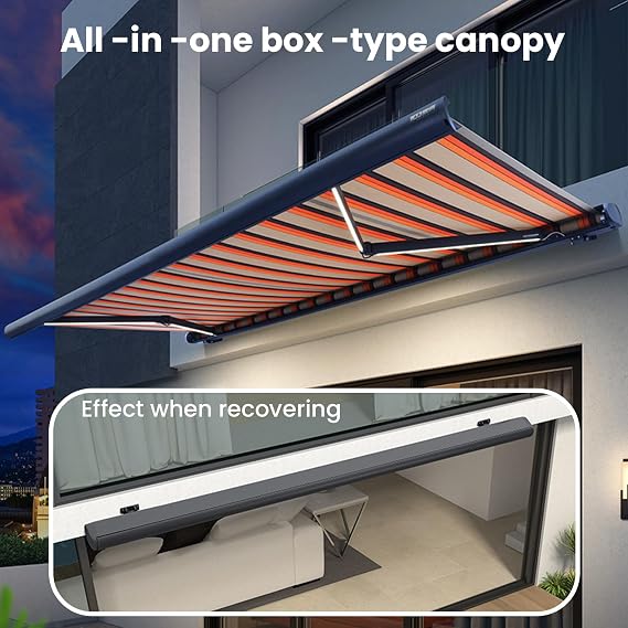 Patio Awning Retractable, Motorized Electric Sun Shade Awning with LED Light, Remote Control, Waterproof UV/Heat Resistant, Deck Canopy Balcony Sunsetter, Commercial Grade,8x6.5FT