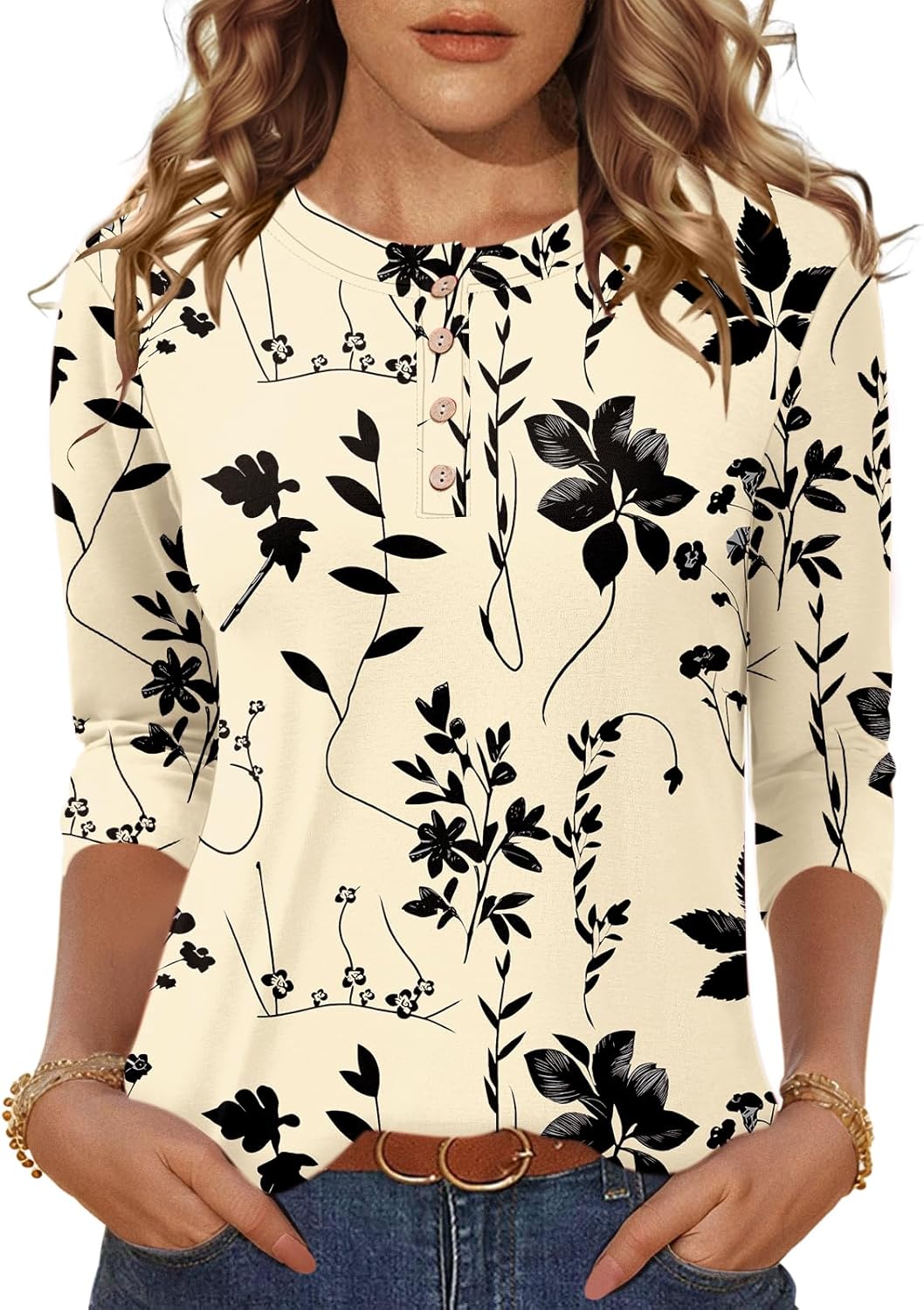 LOMON 3/4 Length Sleeve Womens Tops Dressy Casual Crewneck Pullover Tunics Summer Cute Blouses Fashion 2025 Tees Shirts - Image 2