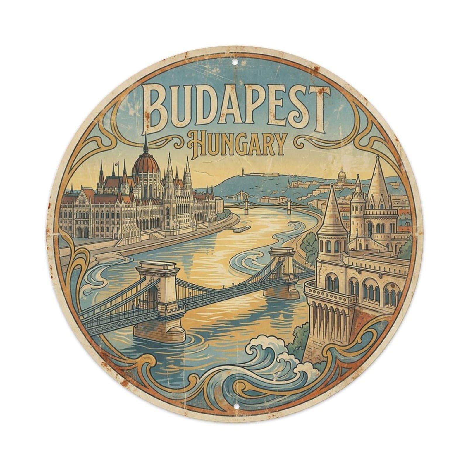 Vintage Travel Hungary Budapest Vintage Metal Tin Sign Plaque Wall Decor for Cafe, Club Bar, Office, Garden Metal Poster 8x8Inch