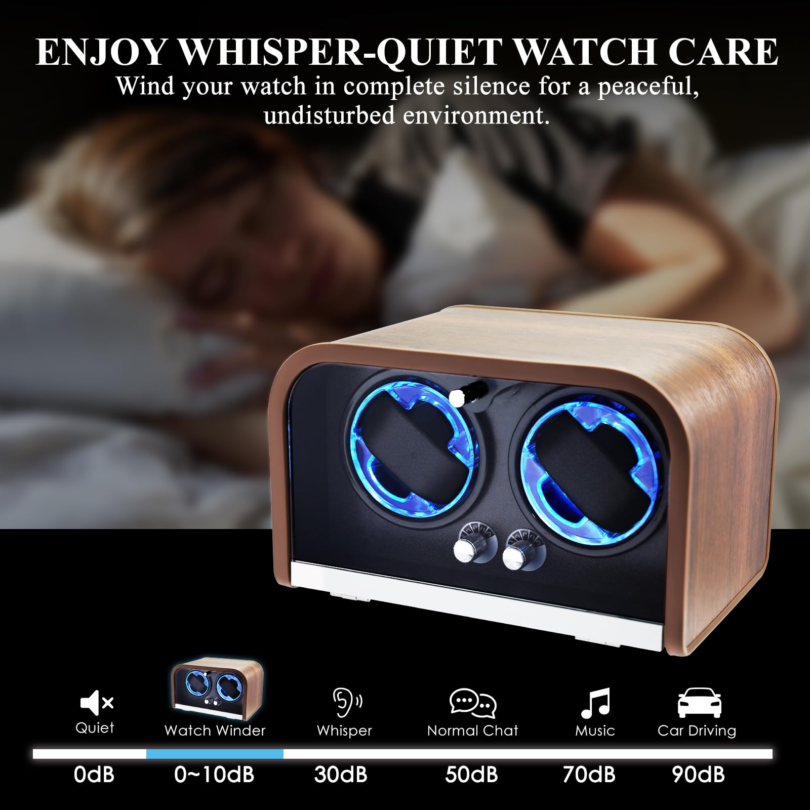 Remontoir Automatique pour Deux Montres Automatiques – 4 Modes de Rotation | Technologie Smart Stop, Écran LED Bleu, Mousse à Mémoire de Forme et Coffret en Bois pour Montres Automatiques de Luxe