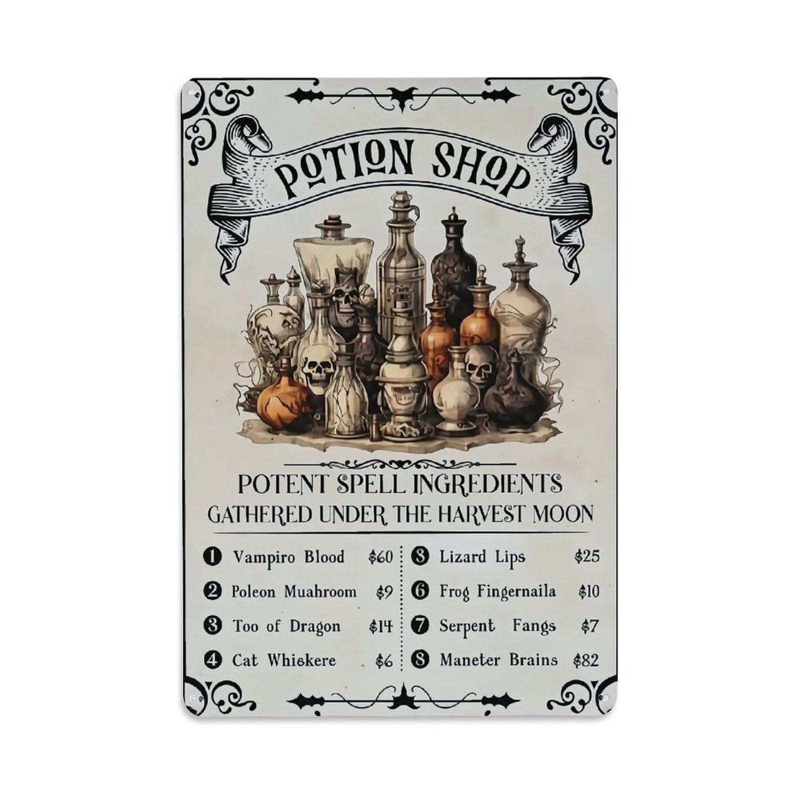 Jdfenggu Vintage Potion Shop Ingredients List Retro Metal Tin Sign, Decor Art Poster For Bar, Home, Man Cave, Kitchen, Laundry Room Gift 8X12inch