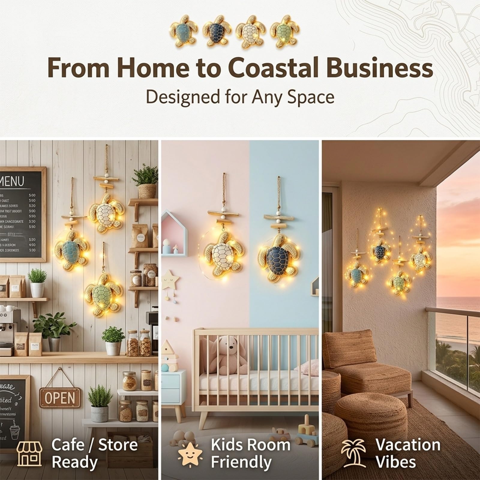 Glowing Coastal Sea Turtle Wall Art, Lighted Hanging Wall Decor with Lights(4pcs)