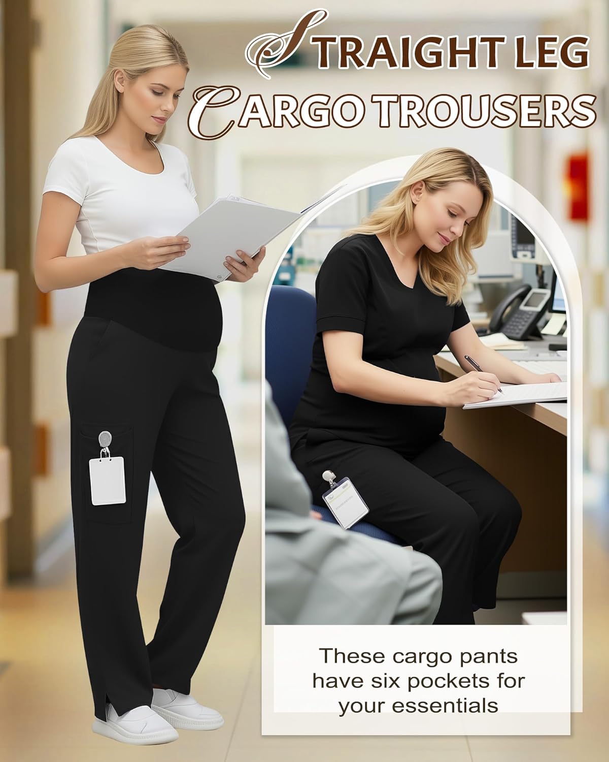 2 Pack Women's Maternity Scrubs Pants with 6 Pockets Pregnancy Workwear Stretchy Straight Leg Cargo Trousers - Image 3