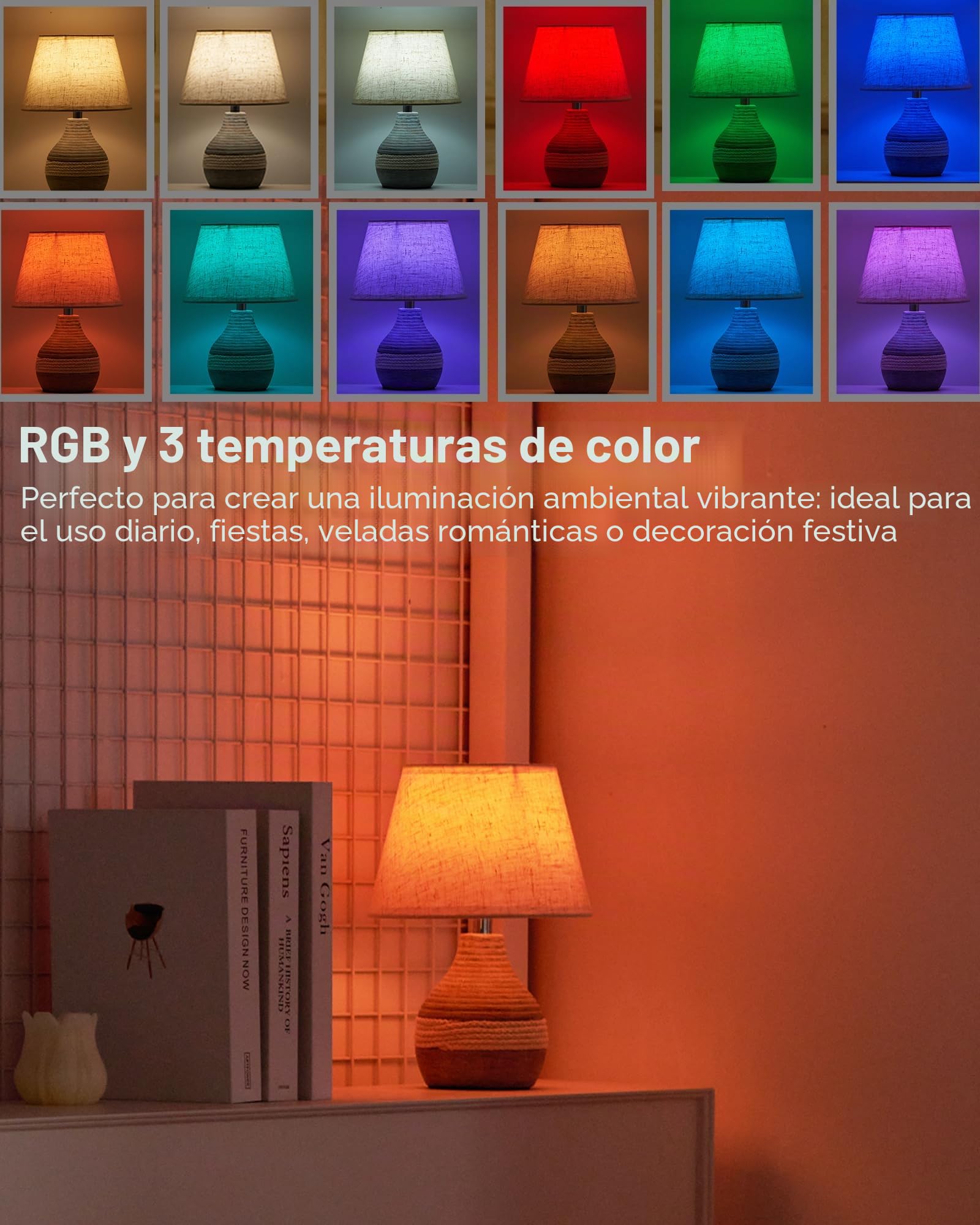Lámpara de mesa pequeña de cerámica inalámbrica recargable de 25,4 cm de alto con mando a distancia, luz RGB y blanca cálida, temporizador y regulador, lámpara de mesa de batería con pantalla