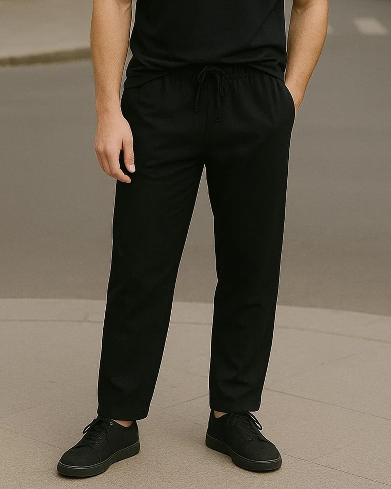 Mens Athletic Pants Loose Fit Elastic Drawstring Waist Straight-Legs Linen Casual Long Pants