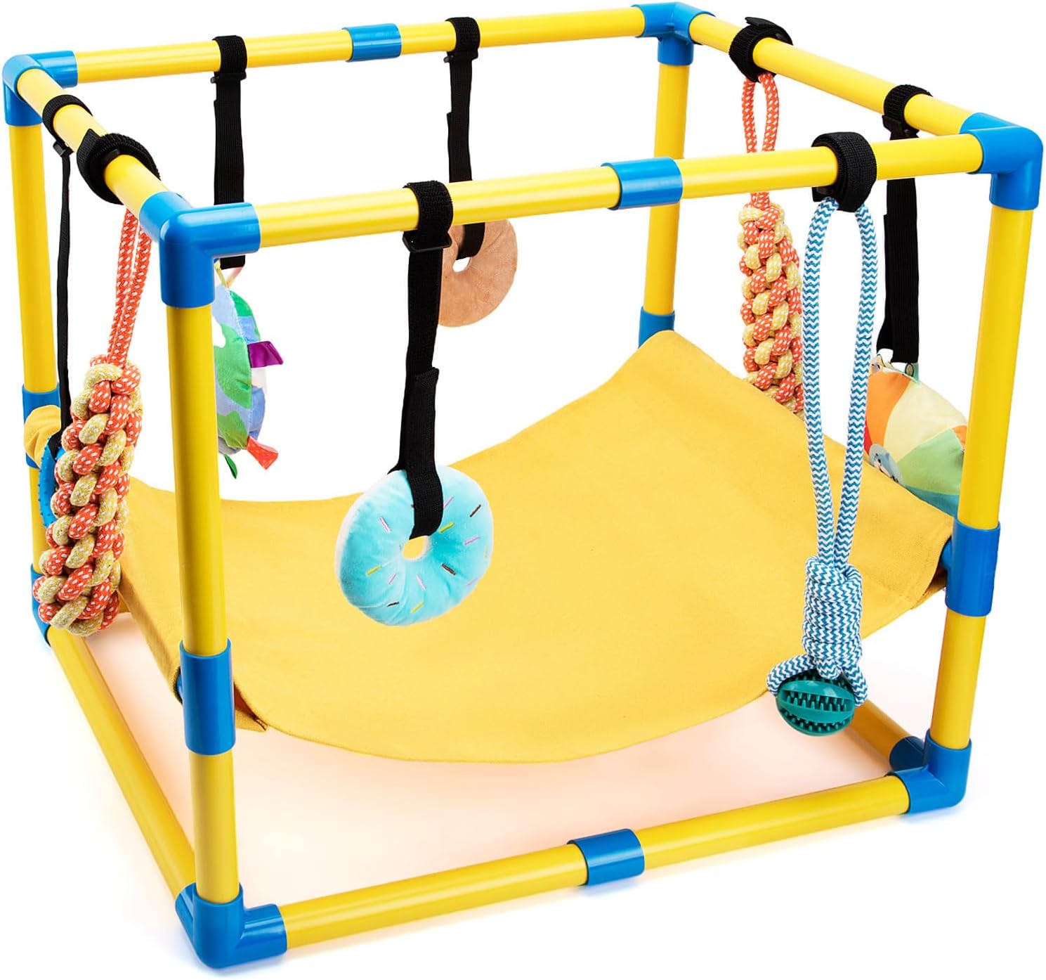 Puppy Play Gym with 8 Hanging Toys, Indoor Puppy Jungle Gym with Interactive Dog Enrichment Toys.PVC Frame with Small Dogs Hammock Enrichment Activity Center