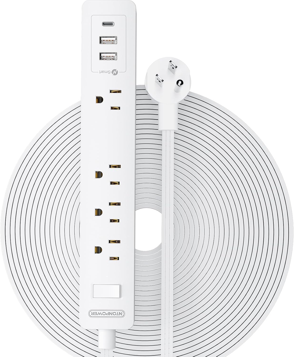 NTONPOWER Long Extension Cord 25 Ft, Flat Extension Cord Under Carpet, Power Strip Long Cord, Wall Mount Power Strip with 4 Outlets 2 USB A + USB C, Overload Protection for Indoor, Home, Dorm, Office