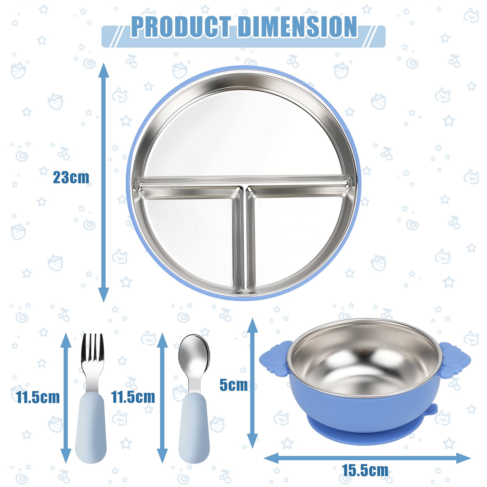 Lot de 2 assiettes à ventouse en acier inoxydable, 1 fourchette et cuillère en acier inoxydable, antidérapantes, accessoires BLW, pour lave-vaisselle, sans BPA, bleu