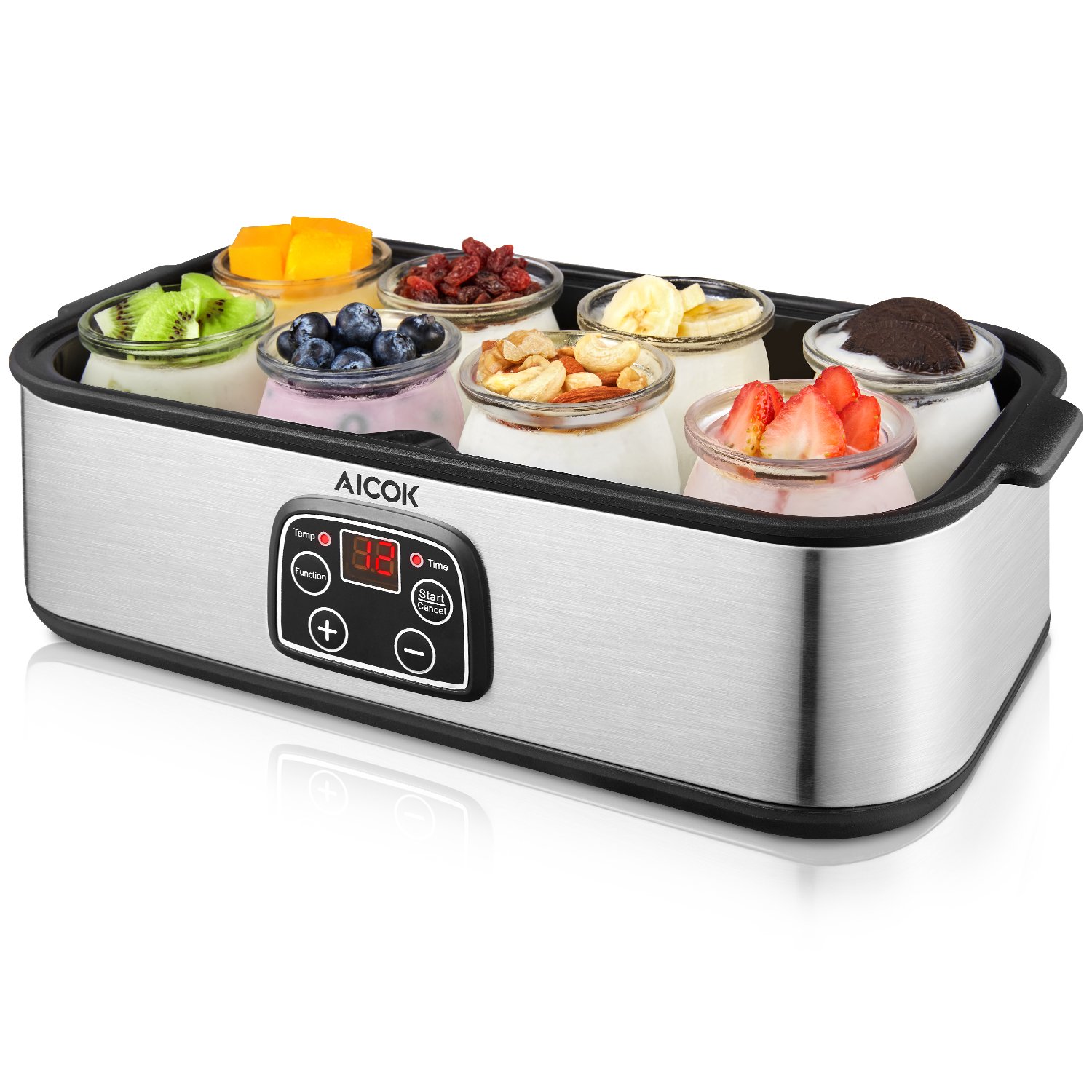 Yoghurt Maker Aicok Homemade Yoghurt Machine 8 Glass Jars 1440ml Led Display with Temperature Setting and Timer Auto Off, Stainless Steel, 30W