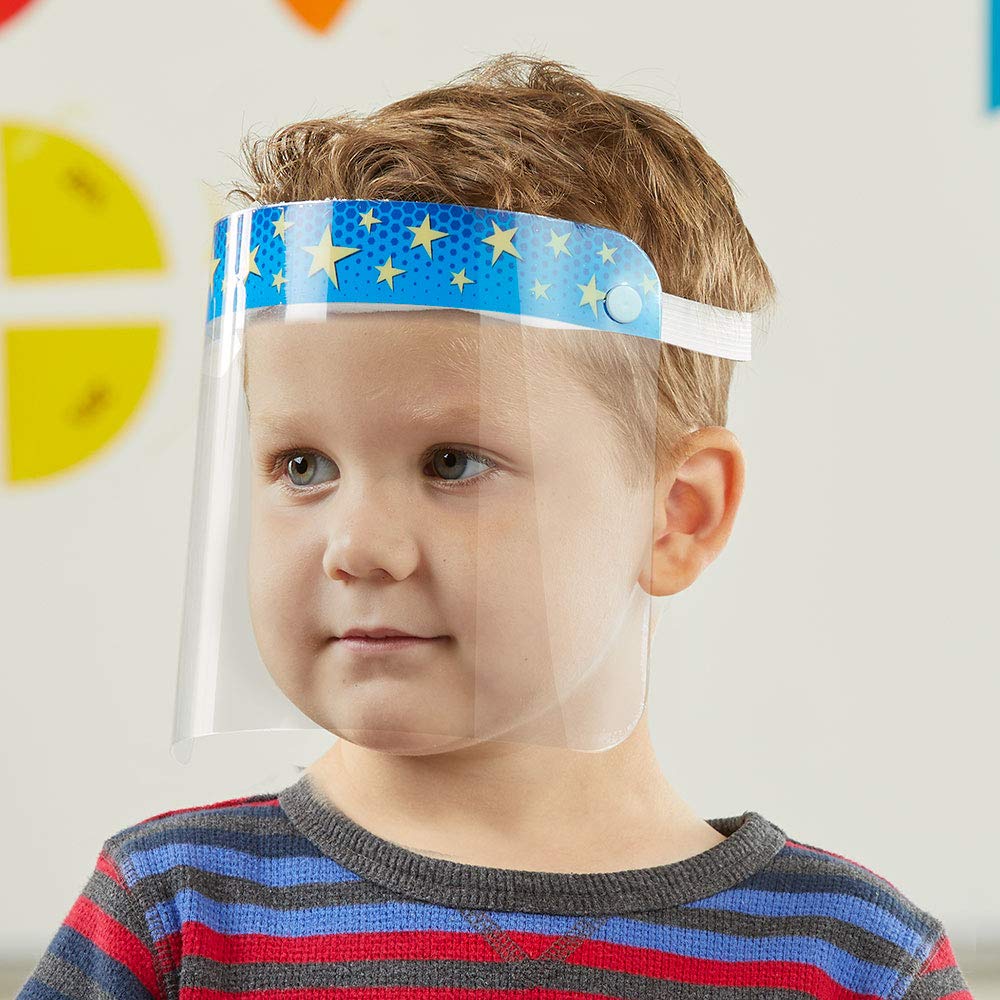 hand2mind 5 Kids Face Shield with Colorful Patterns, Reusable Face Shield for Kids, Clear Face Mask Shield, Anti Fog Safety Face Shield, Child Face Shield with Elastic Band and Sponge