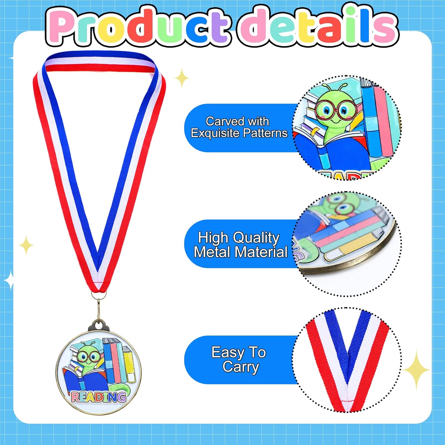 Cunno 20 Pcs Reading Medals Bulk 2'' Book Worm Reading Award Medals with Neck Ribbon Trophy Prizes Winner Gift for School Classroom Students Teaching Competitions Supplies