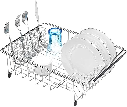 Miniatura 4 de SANNO Organizador de utensilios de acero inoxidable para cubiertos con soporte para utensilios de acero inoxidable, escurridor de platos grande