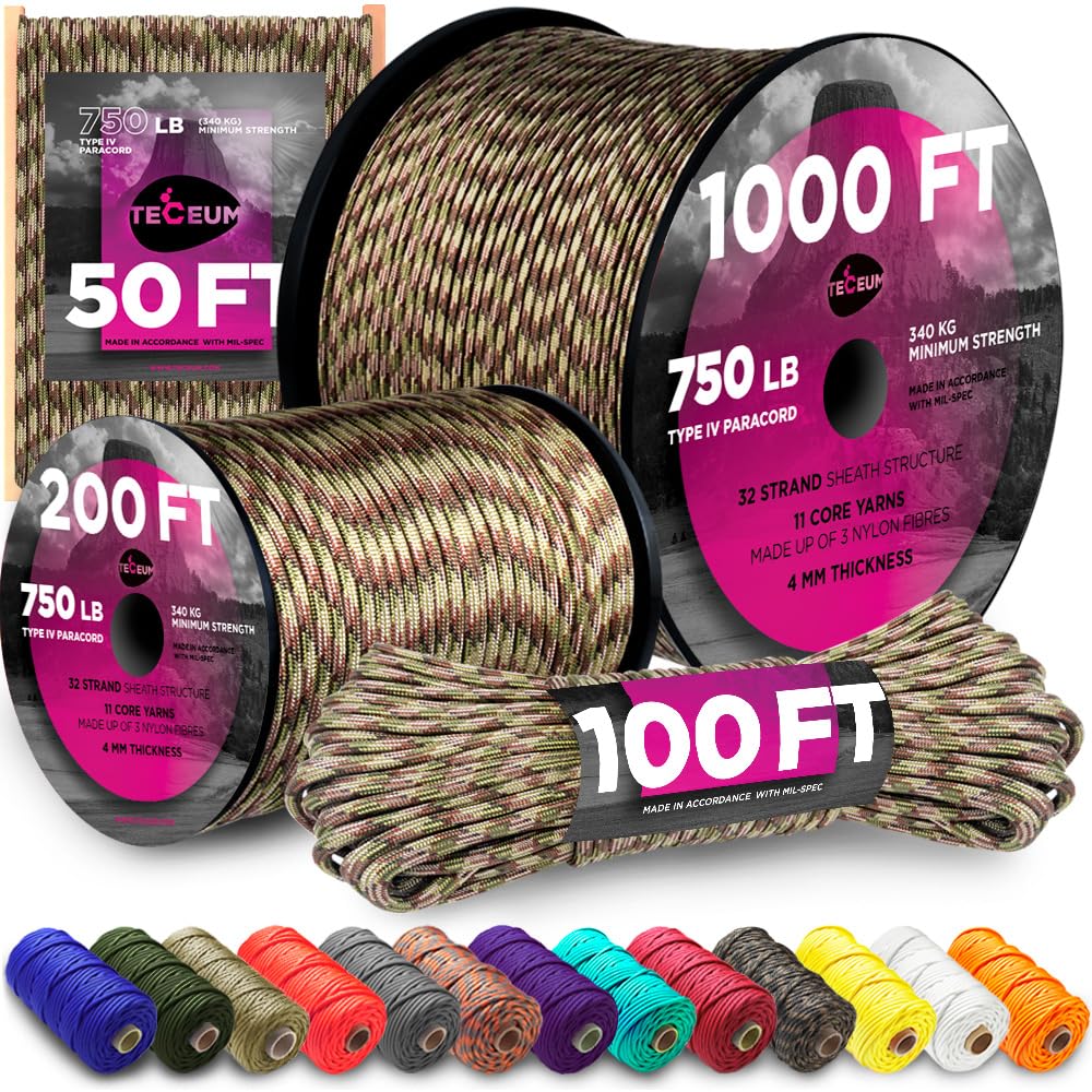 TECEUM Paracord Type IV 750 lb Camo – 60 m – 4mm – 100% Nylon Strong Tactical MIL–SPEC Parachute Cord – Survival Rope Emergency 11 Strands Core Camping Hiking Military Gear(200ft) 788a