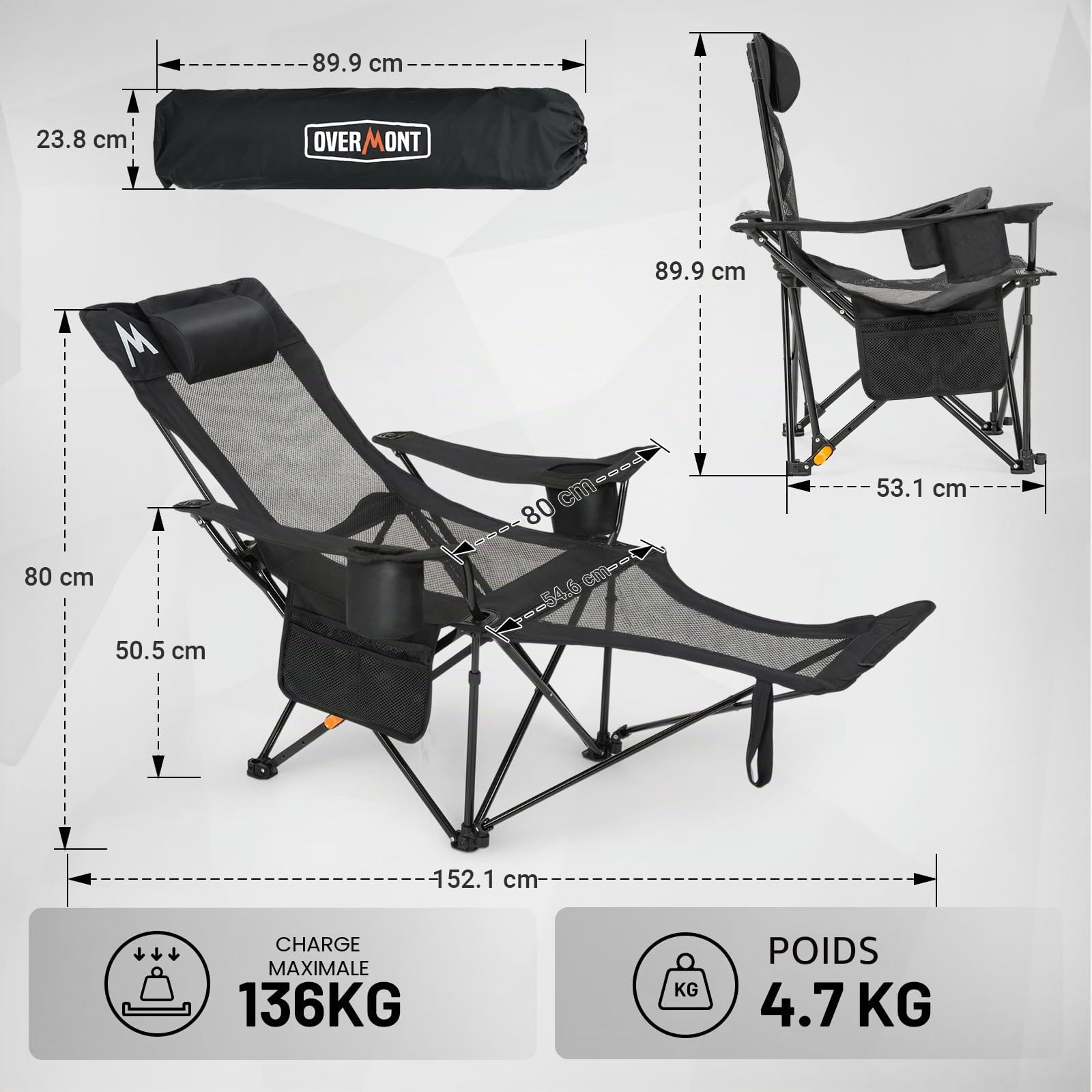 OVERMONT Chaise Longue de Camping Pliante 2 en 1, Inclinable 4 Positions | Repose-pieds et appui-tête pour plus de confort; supporte 136 kg; sac de transport inclus; pour plage, jardin et terrasse