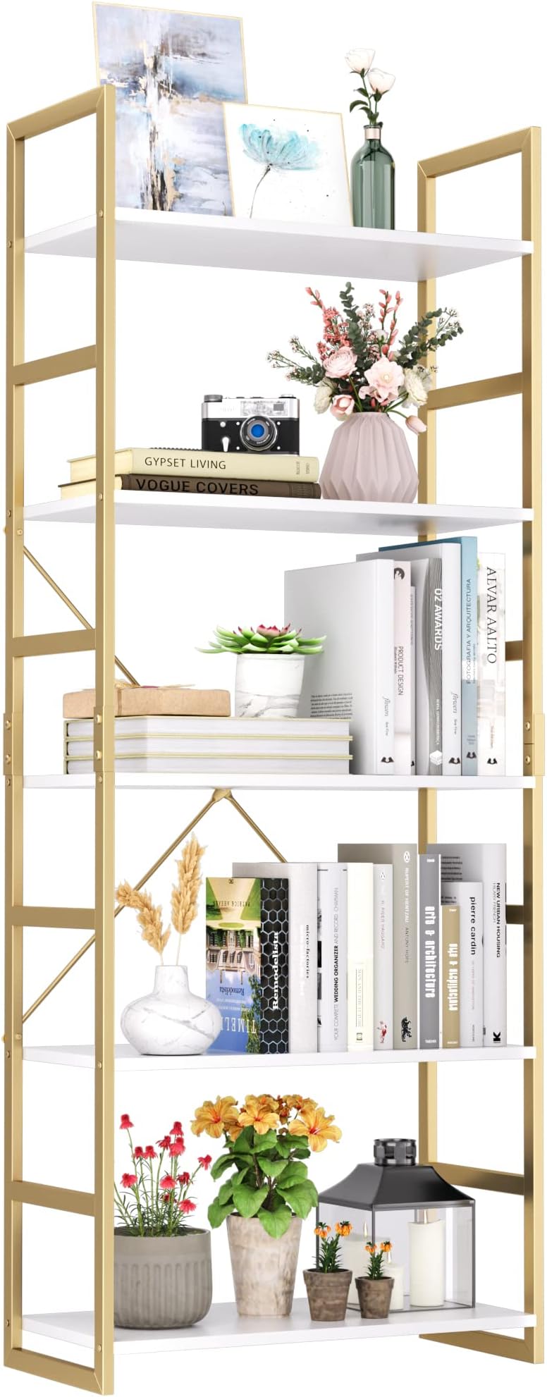 FINETONES 5 Tier Bookshelf, Industrial Gold Bookcase with Metal Frame, Modern Display Shelves Plant Flower Stand Rack for Bedroom Living Room Home Office, White and Gold