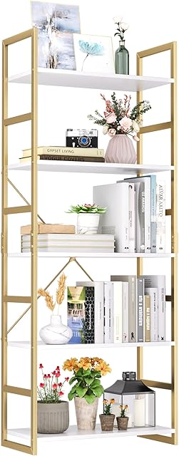 FINETONES 5 Tier Bookshelf, Industrial Gold Bookcase with Metal Frame, Modern Display Shelves Plant Flower Stand Rack for Bedroom Living Room Home Office, White and Gold