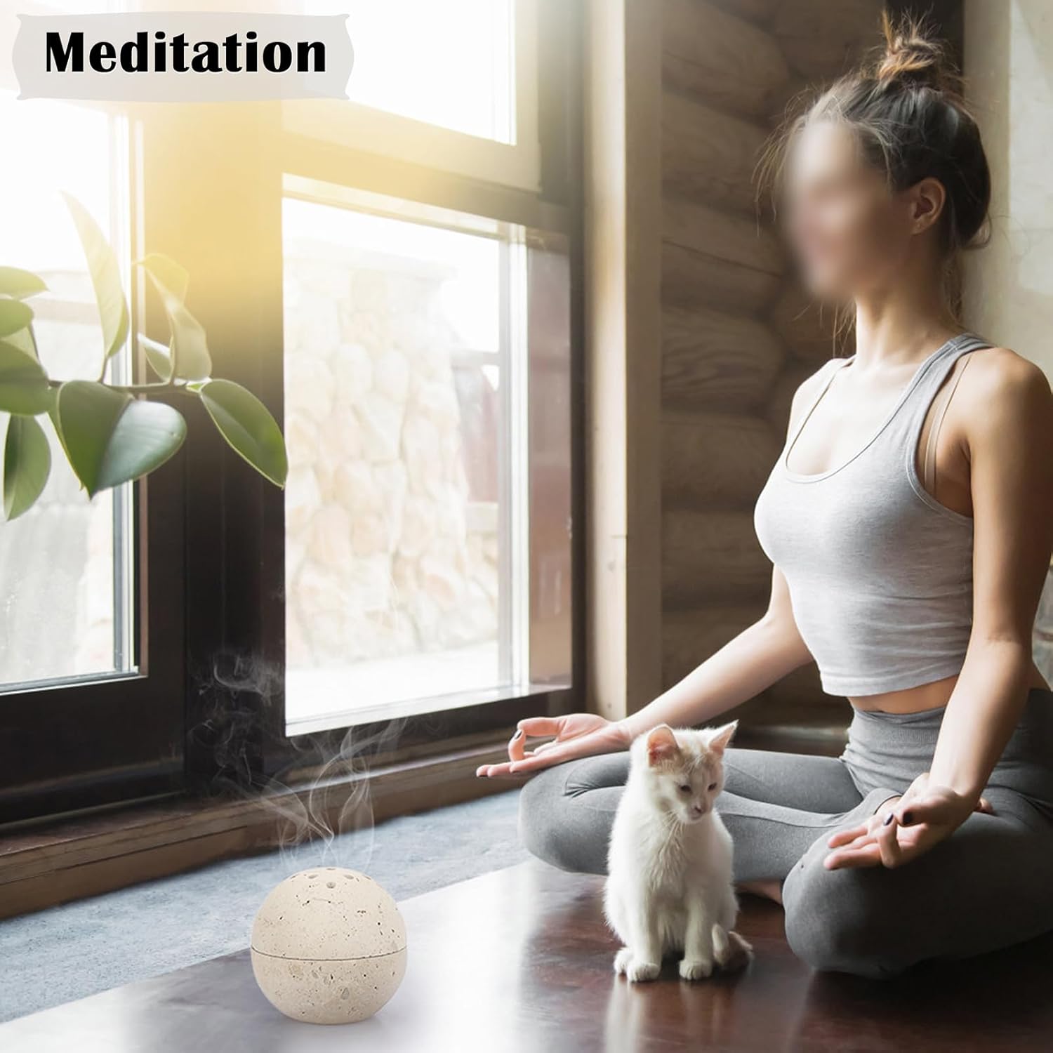 ELLDOO Natural Travertine Incense Cone Holder, Home Decor Handmade Ball Shape Incense Burner for Yoga Meditation SPA Reading, Beige