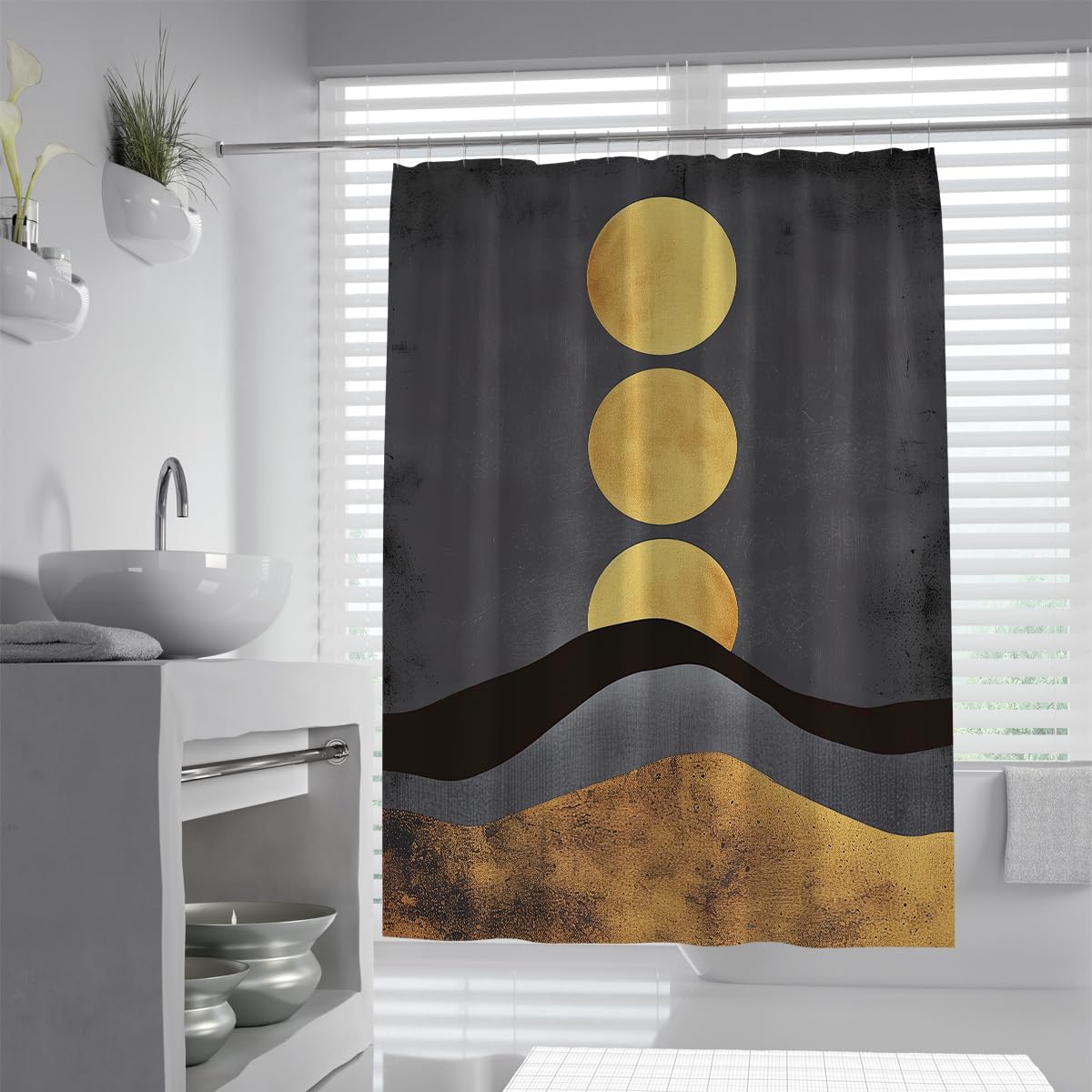 UIRINGART Landscape Shower Curtain W120xL180cm Mid Century Modern Dark Grey Mountains Circles Gold Foil Texture Anti Mould Machine Washable Polyester Fabric Bath Curtains
