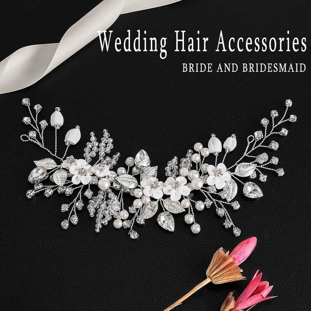 Catery Diadema de flores para novia, con perlas de cristal plateado, trenzas, accesorios para el cabello para mujer (plata)