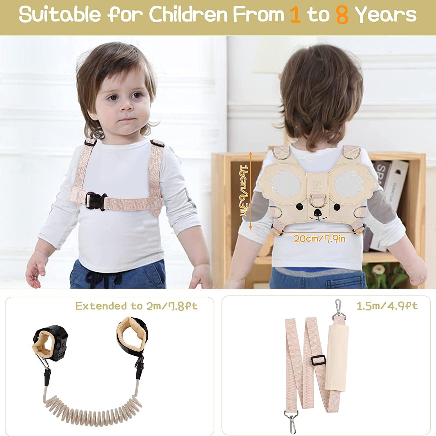 Guinzaglio per Bambini 3 in 1 Koala Braccialetto Antismarrimento con Serratura a Chiave Portatile Anti-Perso Harness 1-6 Anni