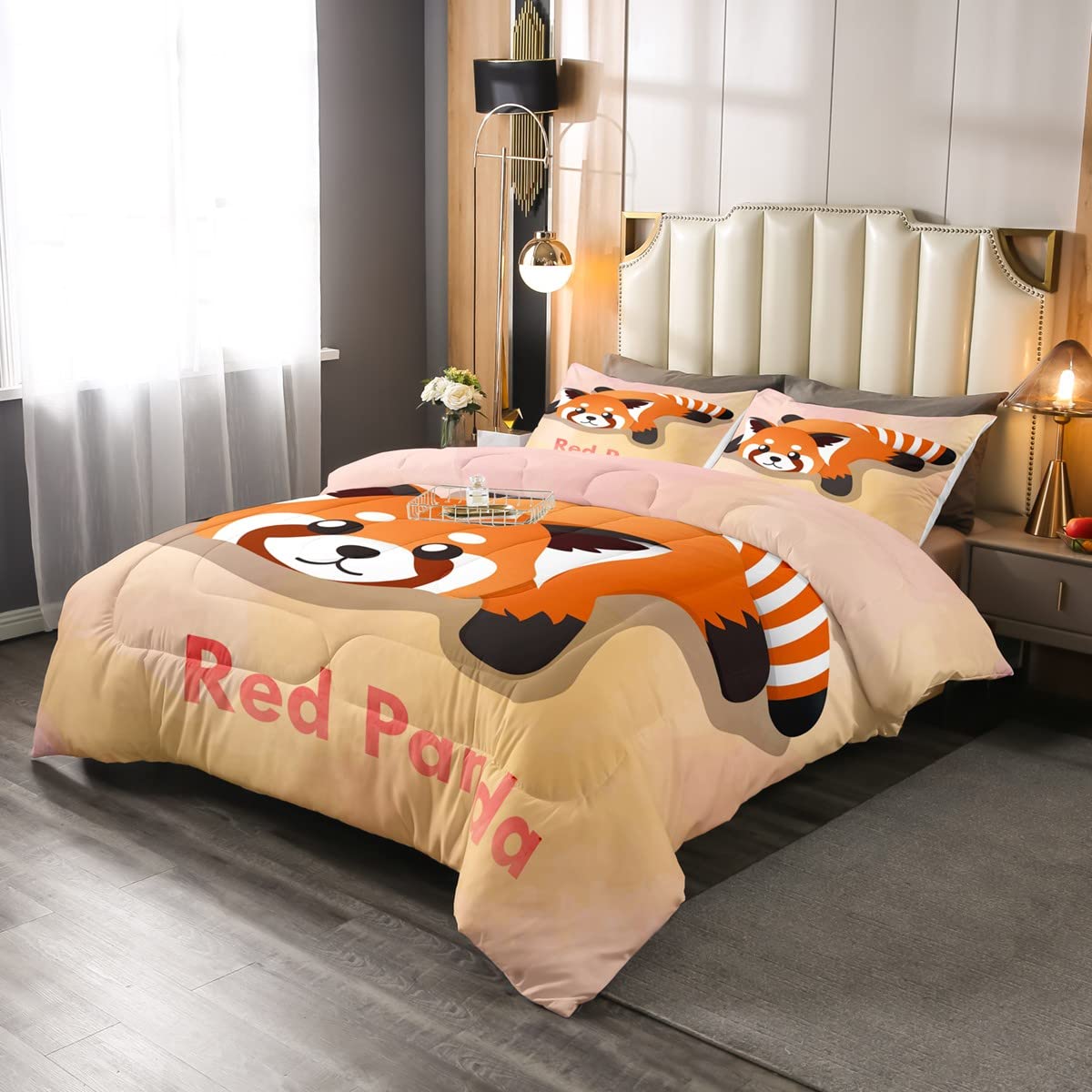 Kids Panda Duvet Set Cute Red Panda Bedding Set Boys Girls Cartoon Animal Lover'S Orange Yellow 3Pcs Bedding Double