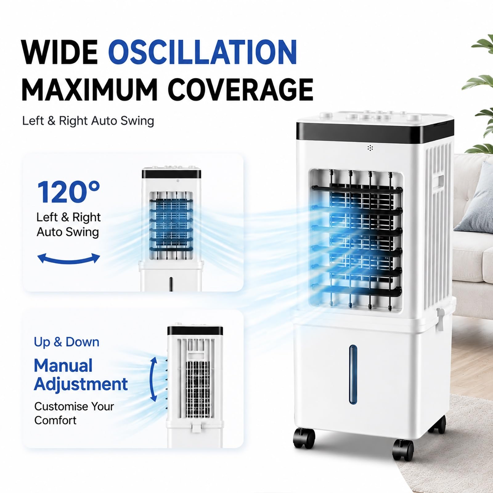 Raffrescatore D'Aria Portatile con Serbatoio d'Acqua da 15 L, Controllo Meccanico, Ventilatore con Ghiaccio per Casa, Camera, Soggiorno e Ufficio
