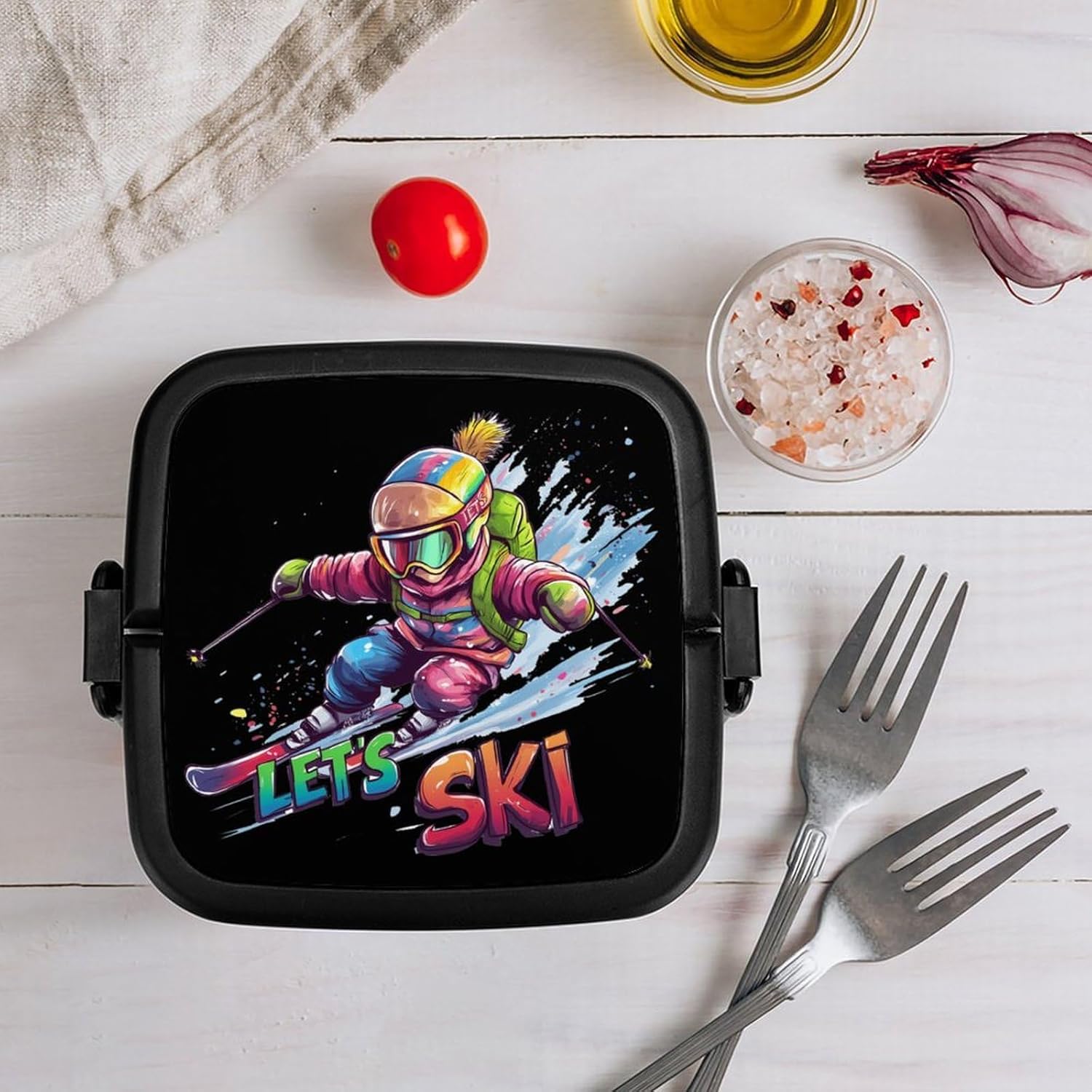 Ski Skiing Sports Bento Box with Spoon 2 Layer Food Container Cute Lunch Box for Travel Dining Work