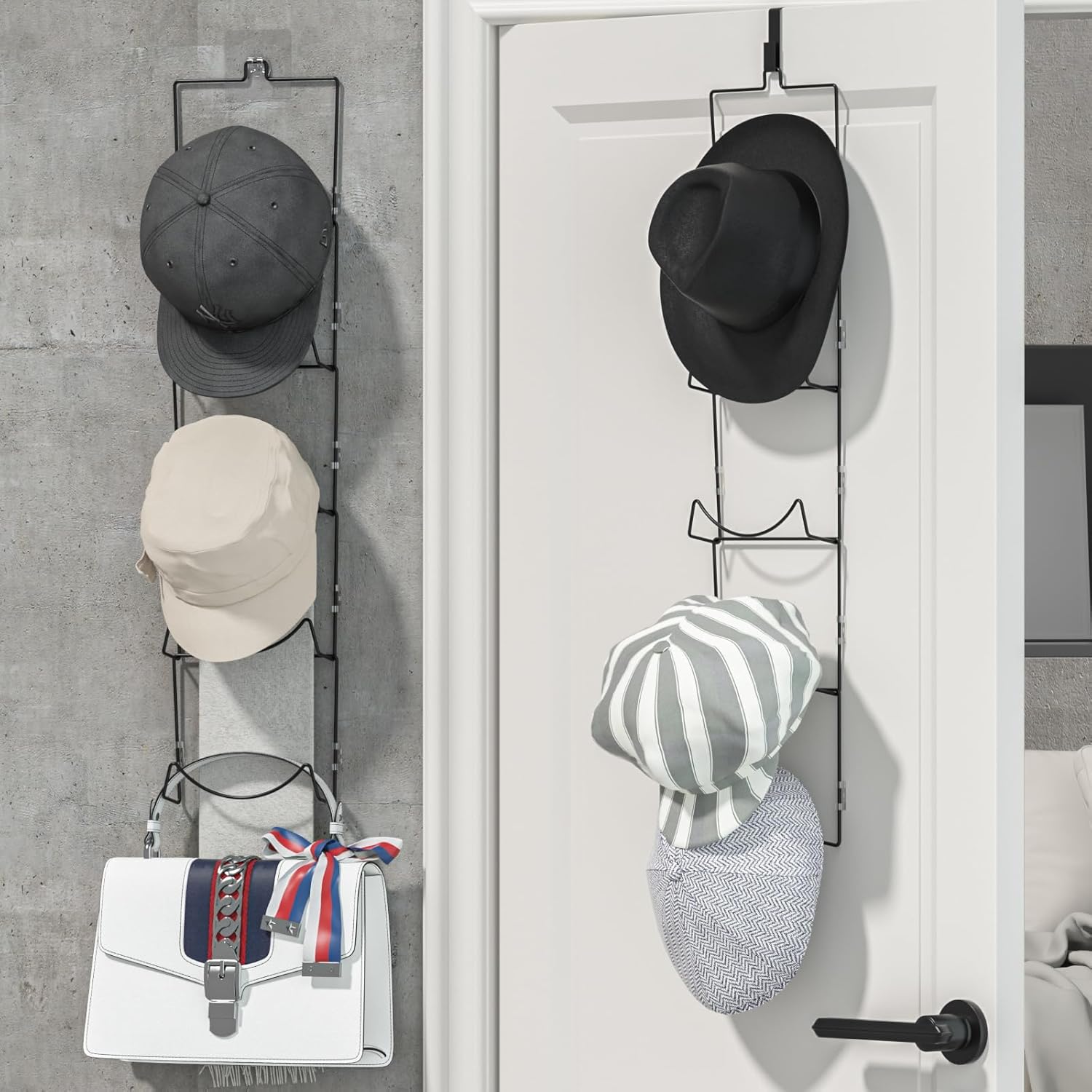 LINFIDITE 10 Pack Hat Rack Hanger Holder Organizer Flexible Multi Hook Wall Mounted Over Door Baseball Cap Display Storage Rack Cap Holder, Closet HangingStorage Rack w Hanging Hook Black Square Ring 10pcs Black