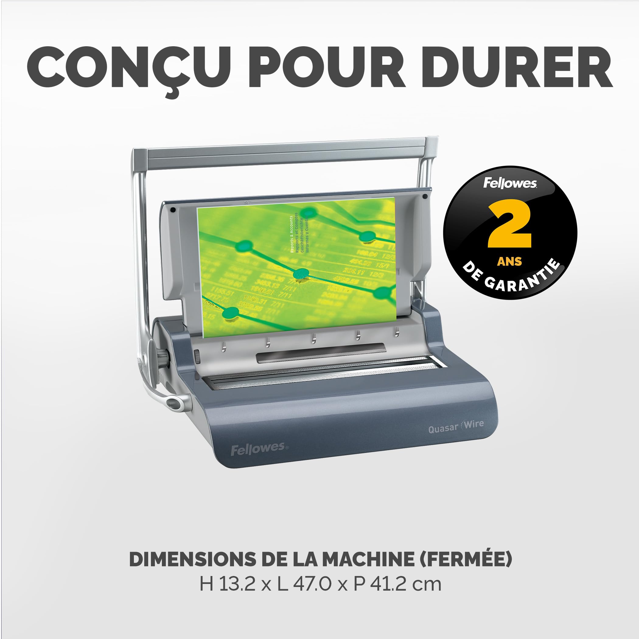 Fellowes Quasar+ Machine à relier 130 feuilles perforation manuelle anneaux métalliques Argent