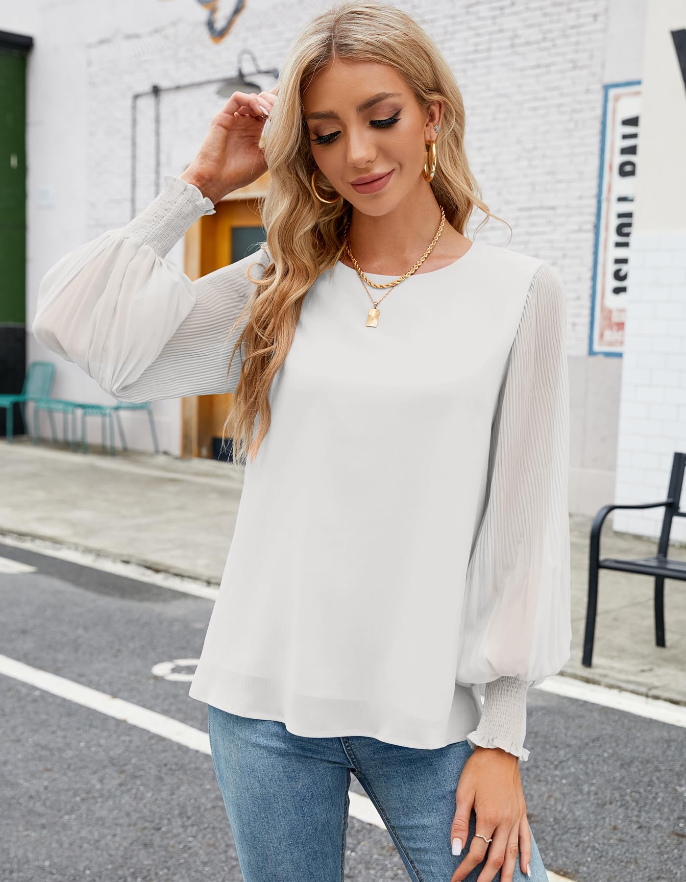 Odosalii Blusa de gasa plisada para mujer, manga larga, elegante, cuello redondo, parte superior, holgada, doble capa, túnica