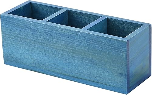 dedoot Organizador de escritorio con control remoto de madera, soporte para lápices de madera azul, organizador de cajones de madera de 3 secciones,