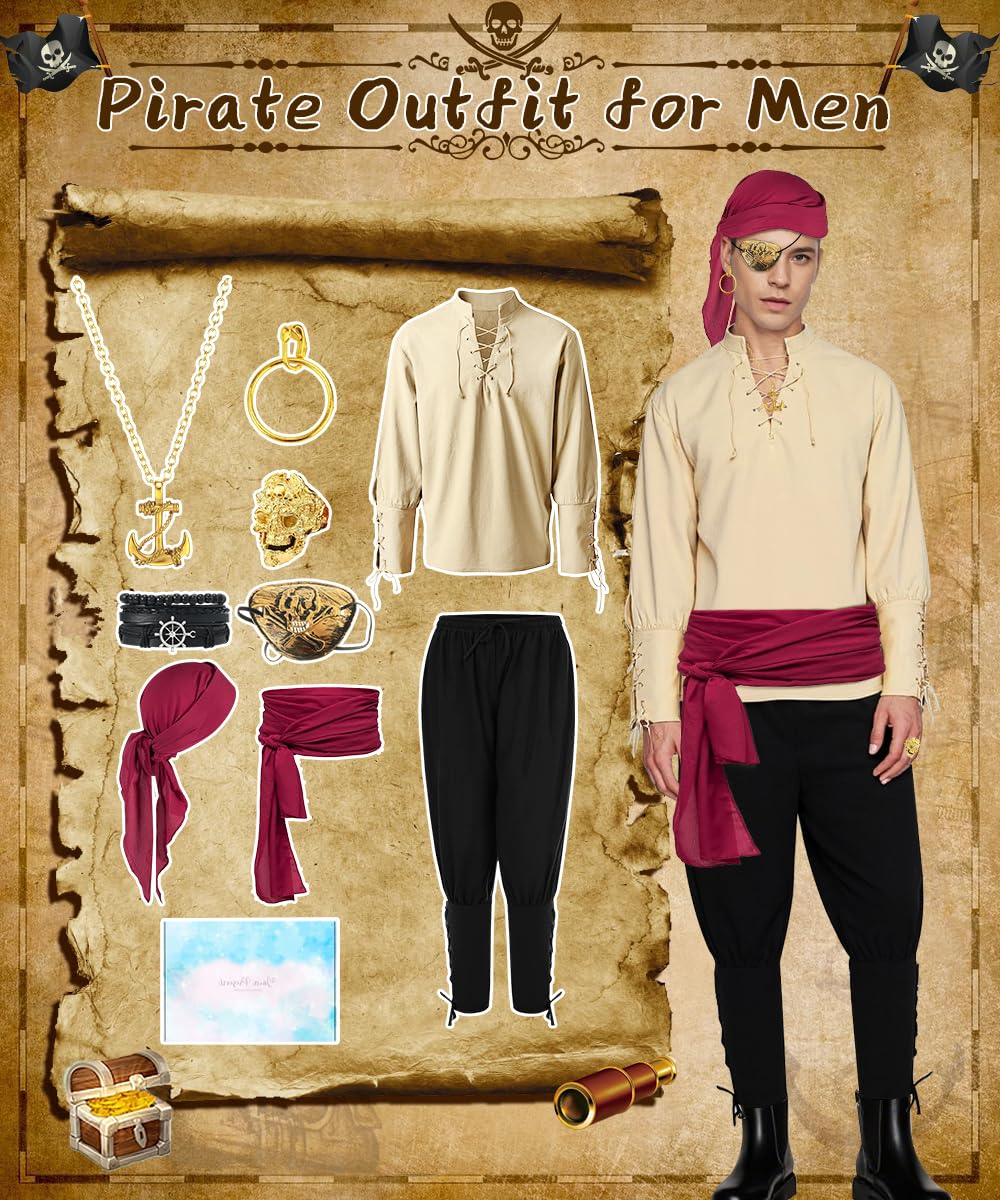 Deguisement Pirate Homme, Robe Médiévale avec Accessoires de Pirate, Costume Carnaval Homme avec Chemise Pantalon Médiévale, Costume Pirates pour Halloween Cosplay Fête