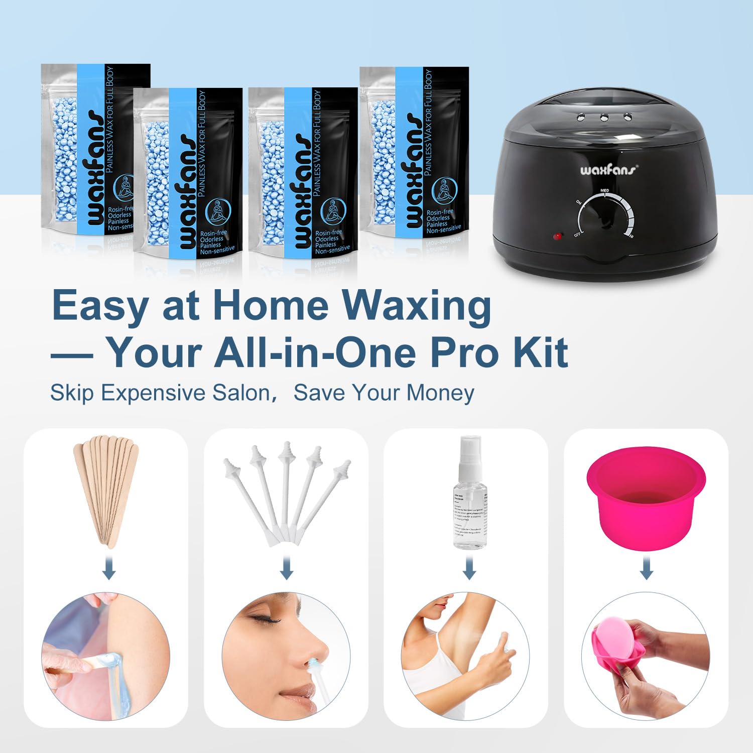 Waxfans Waxing Kit for Hair Removal, at Home Waxing Kit,400g Wax Beads for Sensitive Skin with a Silicone Bowl for Easy Cleaning