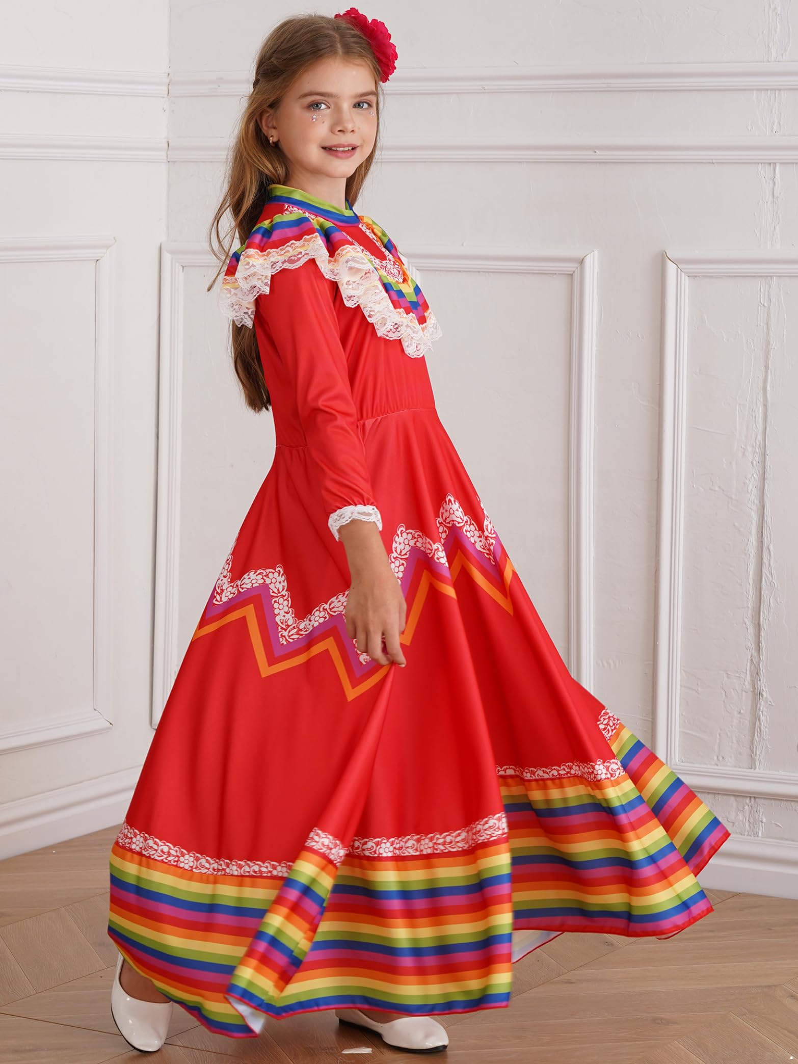 Eandarui Girls Mexican Traditional Vintage Costume Carnival Party Performance Dance Dress with Hair Clip Red 5-6 Years