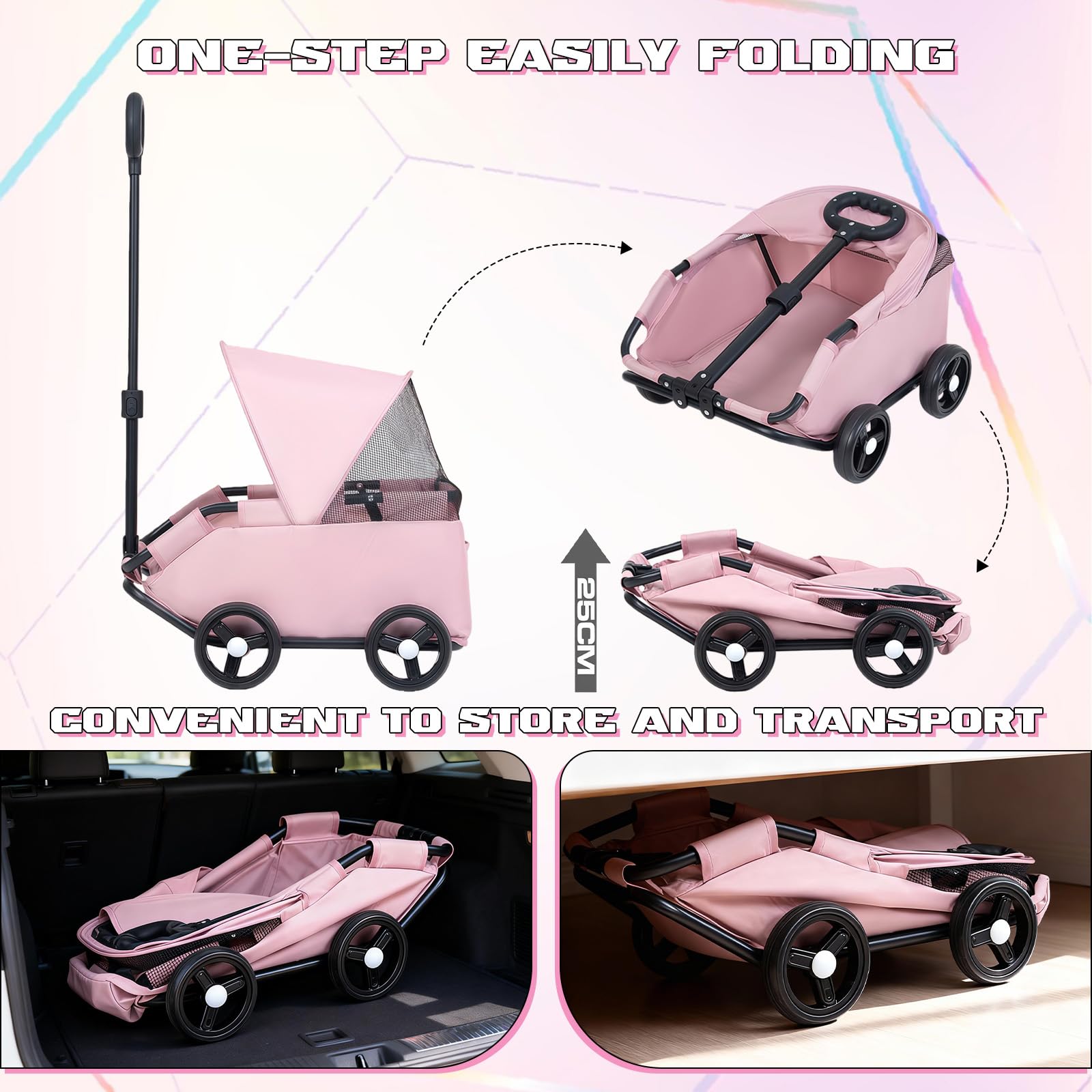 Chariot pour chien pliable à 4 roues avec barre pivotante à 360 ° - Chariot pour chat avec visière - Mini poussette pour animaux de compagnie - Tissu Oxford 600D (rose)