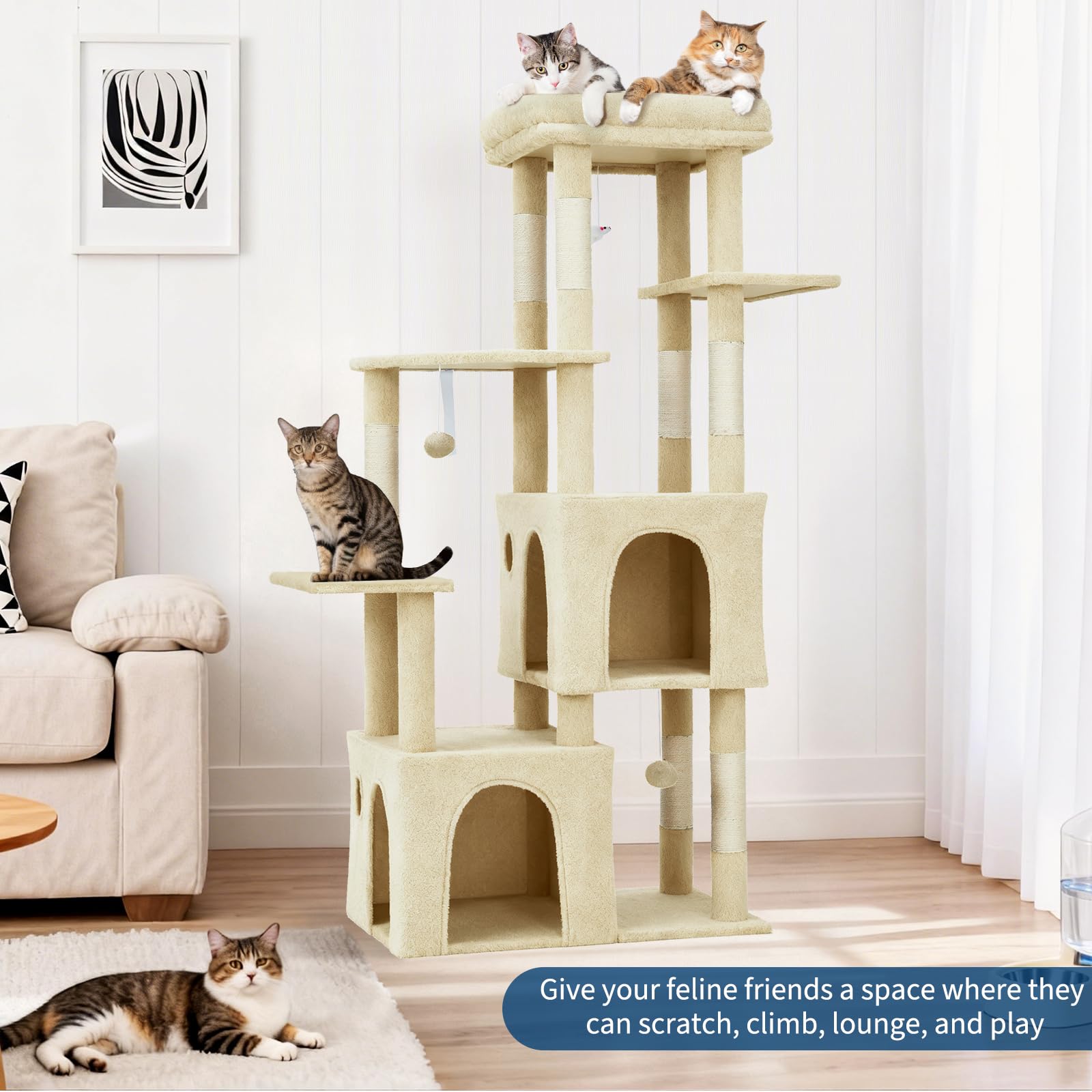 Albero Tiragraffi per Gatti, 72x45x156cm, Torre Multi-livello con Piattaforma Extra-large, Condomini Spaziosi, Pali Robusti in Sisal Naturale, Area Giochi per Maine Coon - Beige